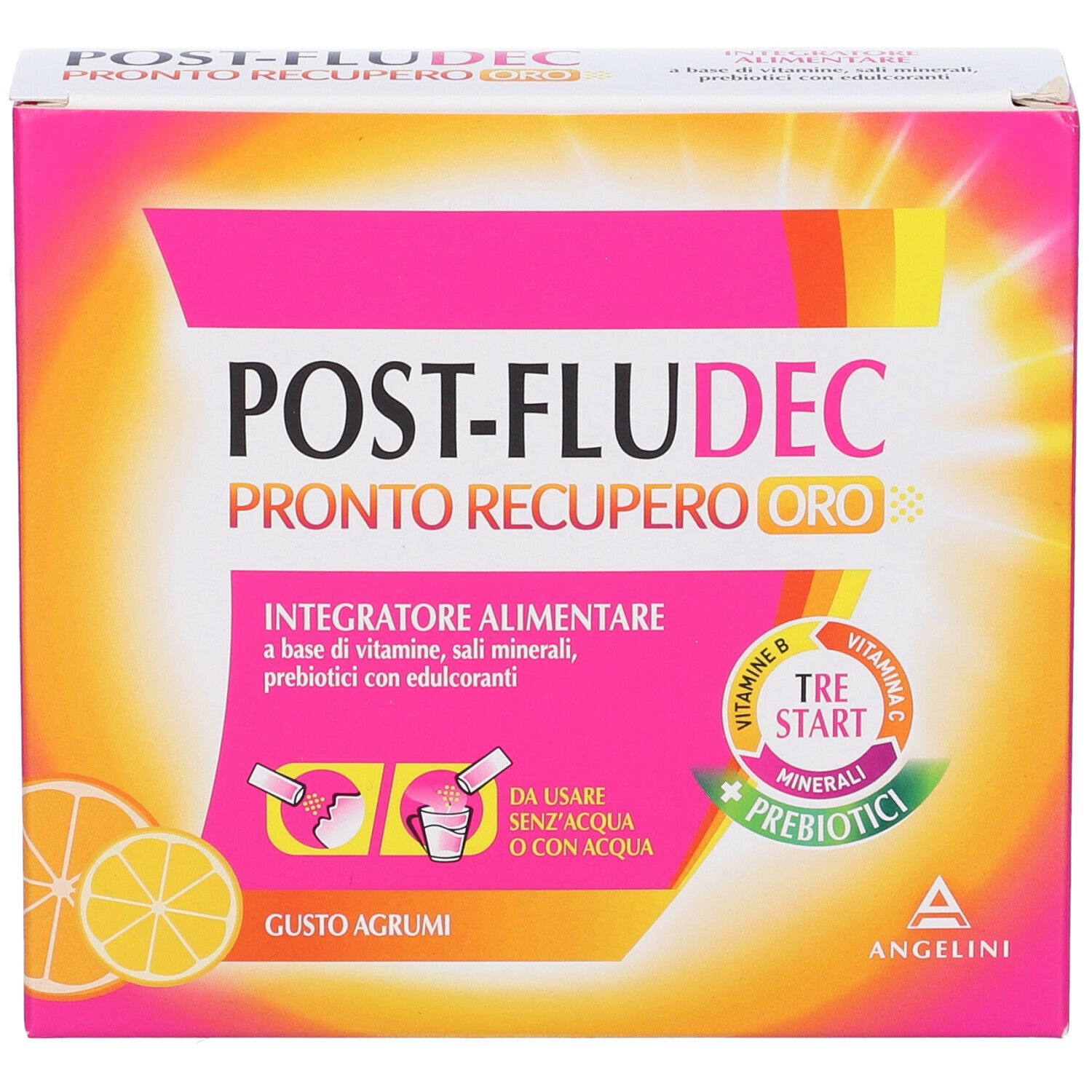 Scatola rosa "POST-FLUDEC PRONTO RECUPERO ORO". Illustrazione di limoni. Contiene vitamine, minerali e prebiotici.