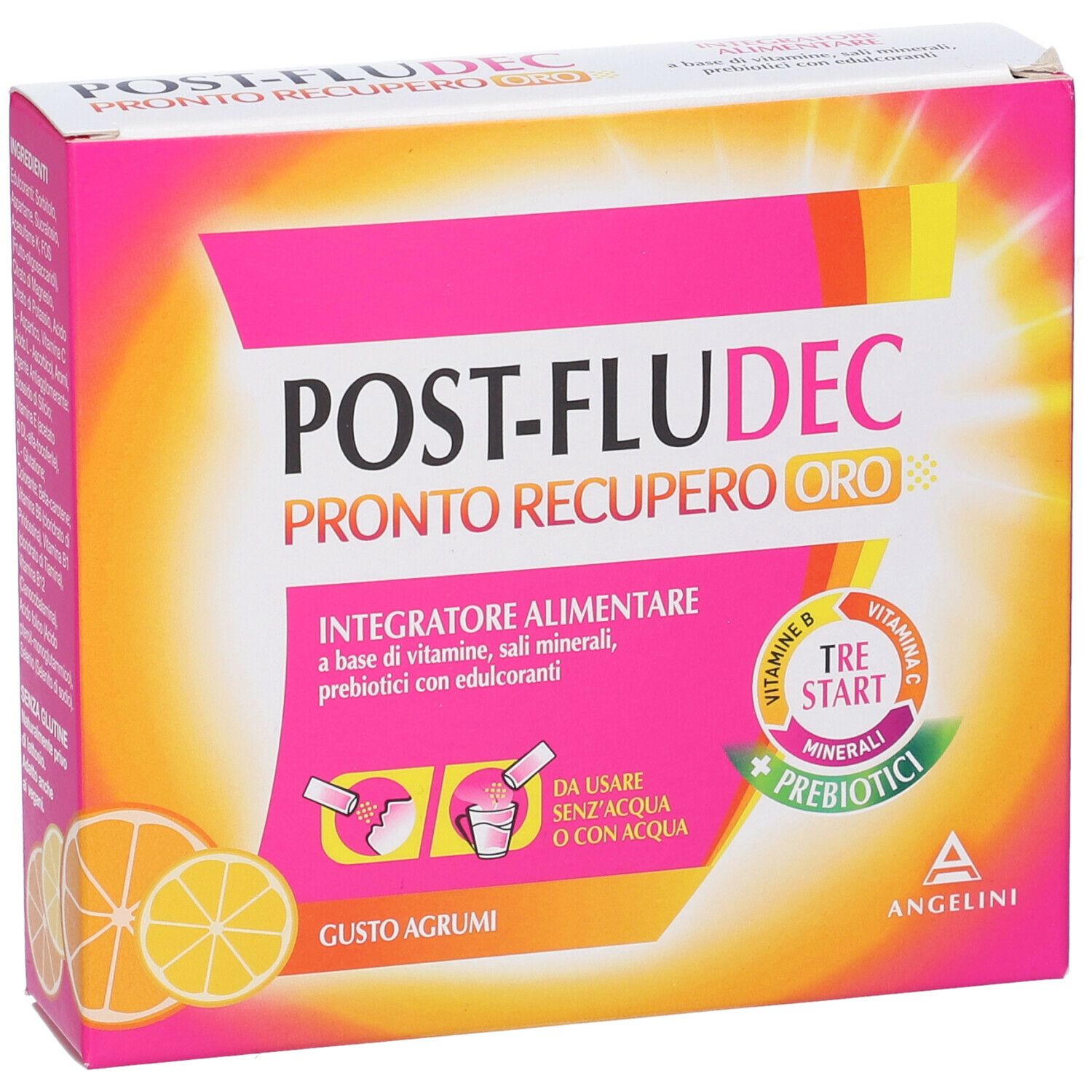 Scatola rosa "POST-FLUDEC PRONTO RECUPERO ORO". Illustrazione di limoni. Contiene vitamine, minerali e prebiotici.