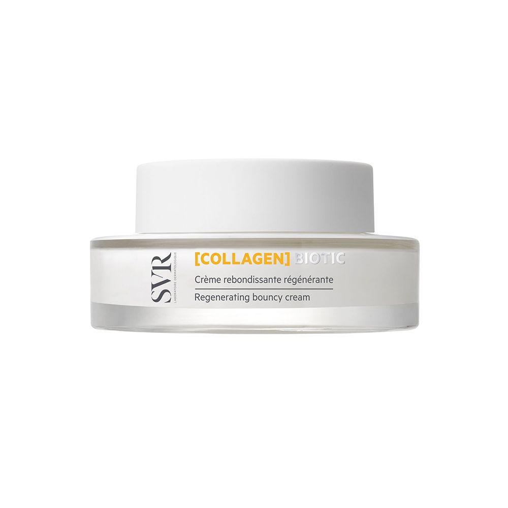 Vasetto in vetro con coperchio bianco. Scritta: [COLLAGEN] BIOTIC, Crème rebondissante régénérante.