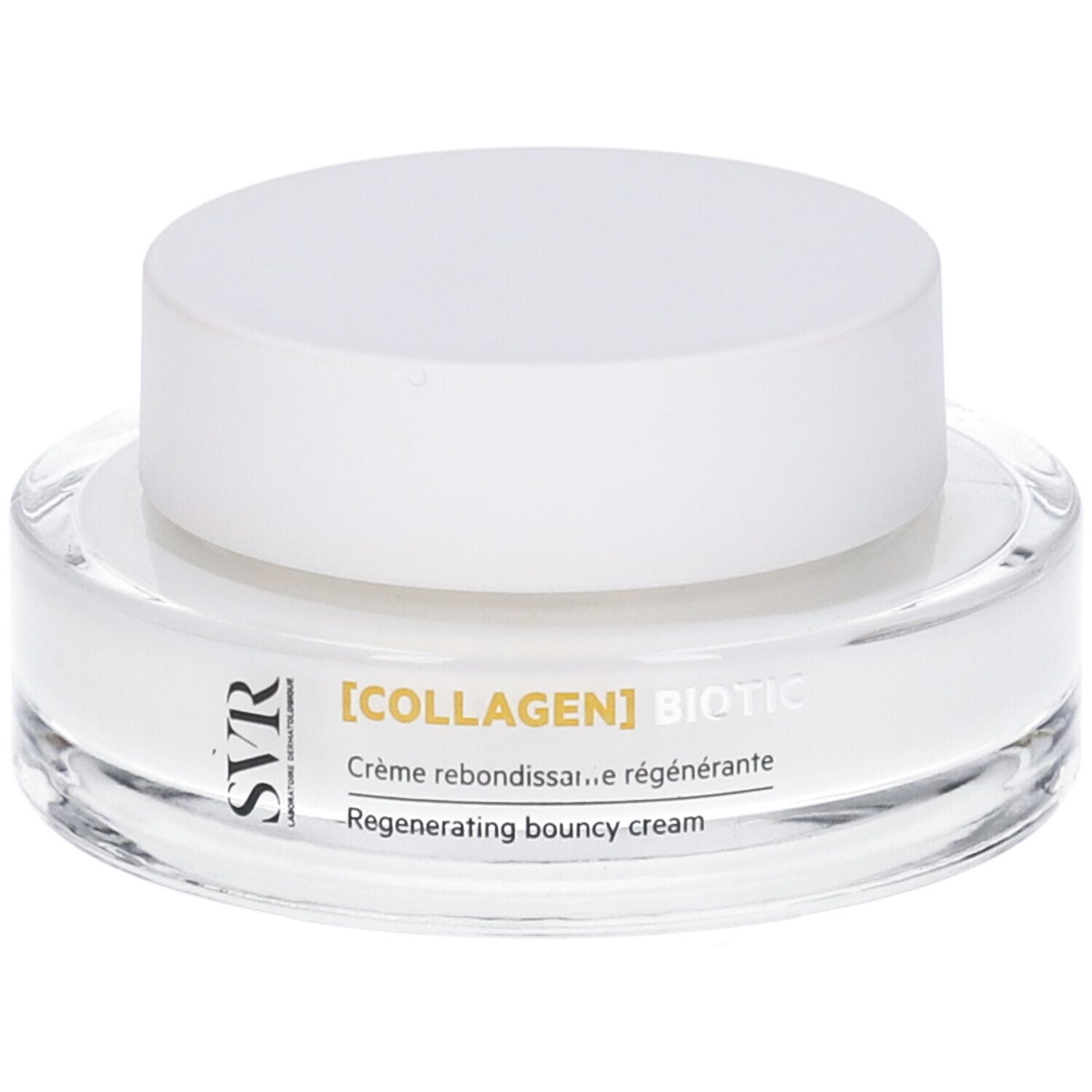 Vasetto rotondo in vetro con coperchio bianco. Scritta: [COLLAGEN] BIOTIC, Crème rebondissante régénérante.