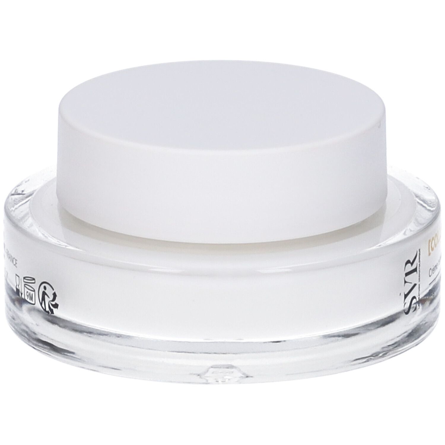 Vasetto rotondo in vetro con coperchio bianco. Scritta: [COLLAGEN] BIOTIC, Crème rebondissante régénérante.