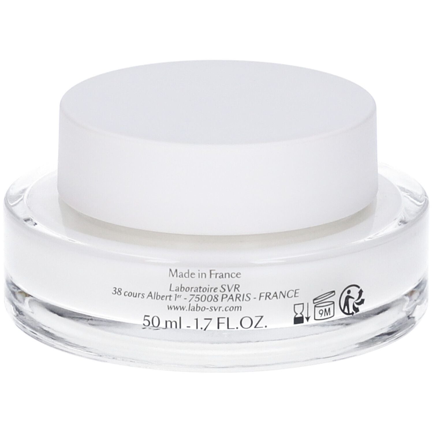 Vasetto rotondo in vetro con coperchio bianco. Scritta: [COLLAGEN] BIOTIC, Crème rebondissante régénérante.