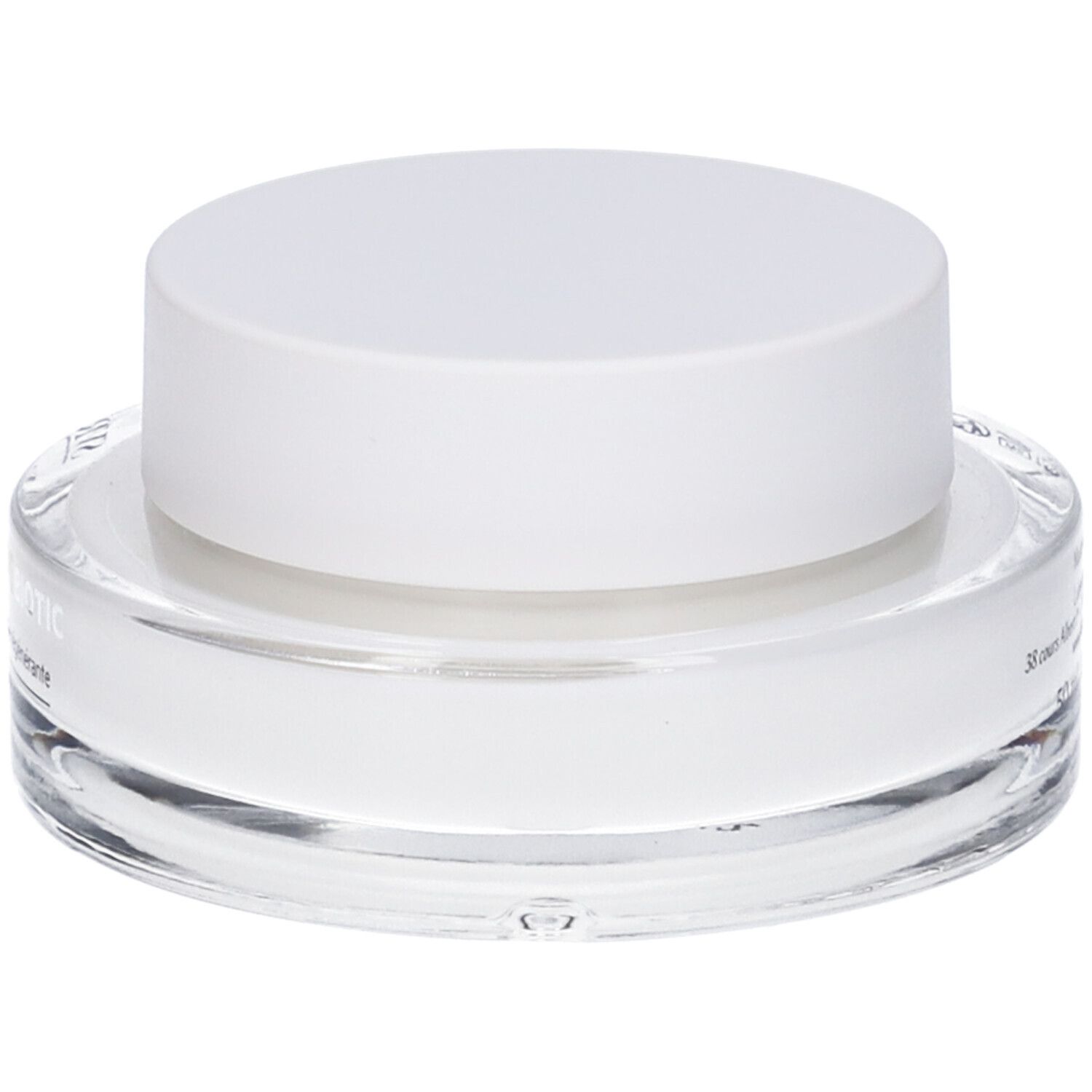 Vasetto rotondo in vetro con coperchio bianco. Scritta: [COLLAGEN] BIOTIC, Crème rebondissante régénérante.