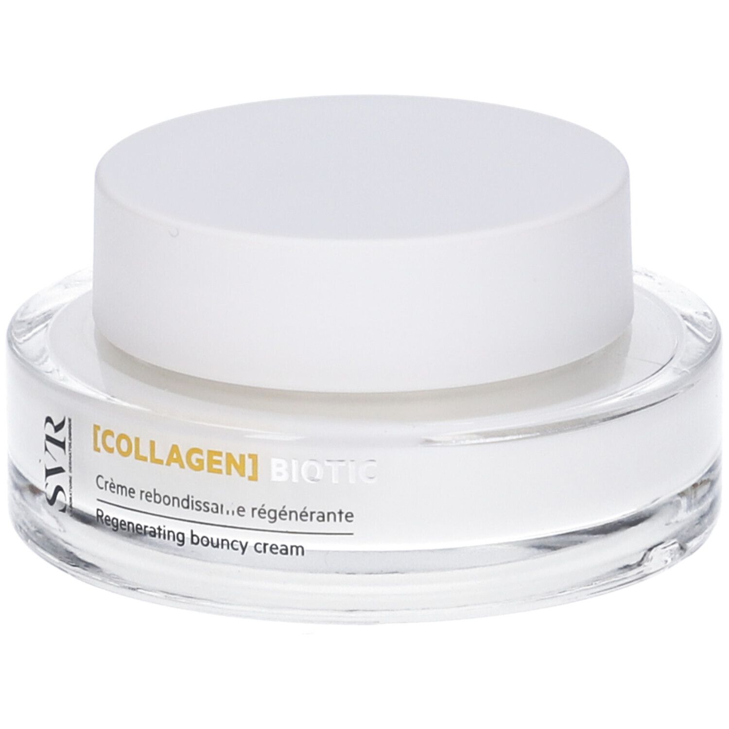 Vasetto rotondo in vetro con coperchio bianco. Scritta: [COLLAGEN] BIOTIC, Crème rebondissante régénérante.