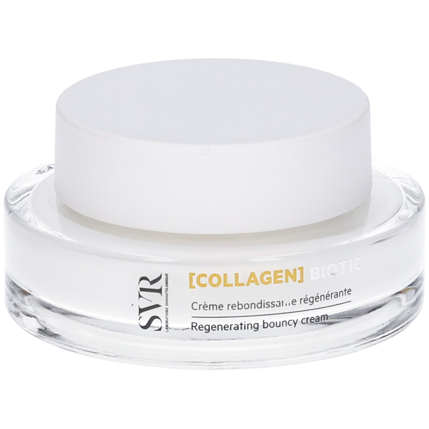 Vasetto rotondo in vetro con coperchio bianco. Scritta: [COLLAGEN] BIOTIC, Crème rebondissante régénérante.