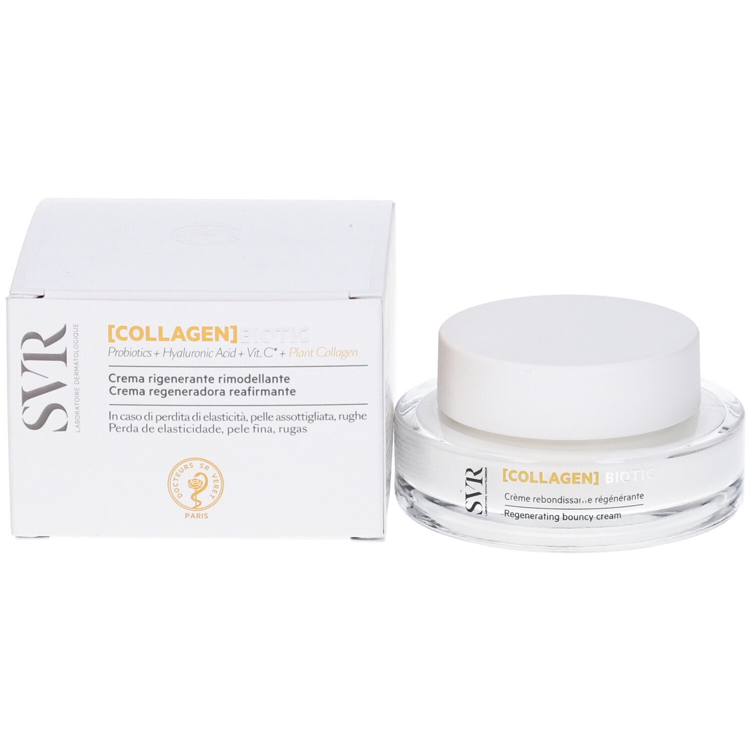 Vasetto in vetro e scatola. Scritta: [COLLAGEN] BIOTIC, Crème régénérante rimodellante.