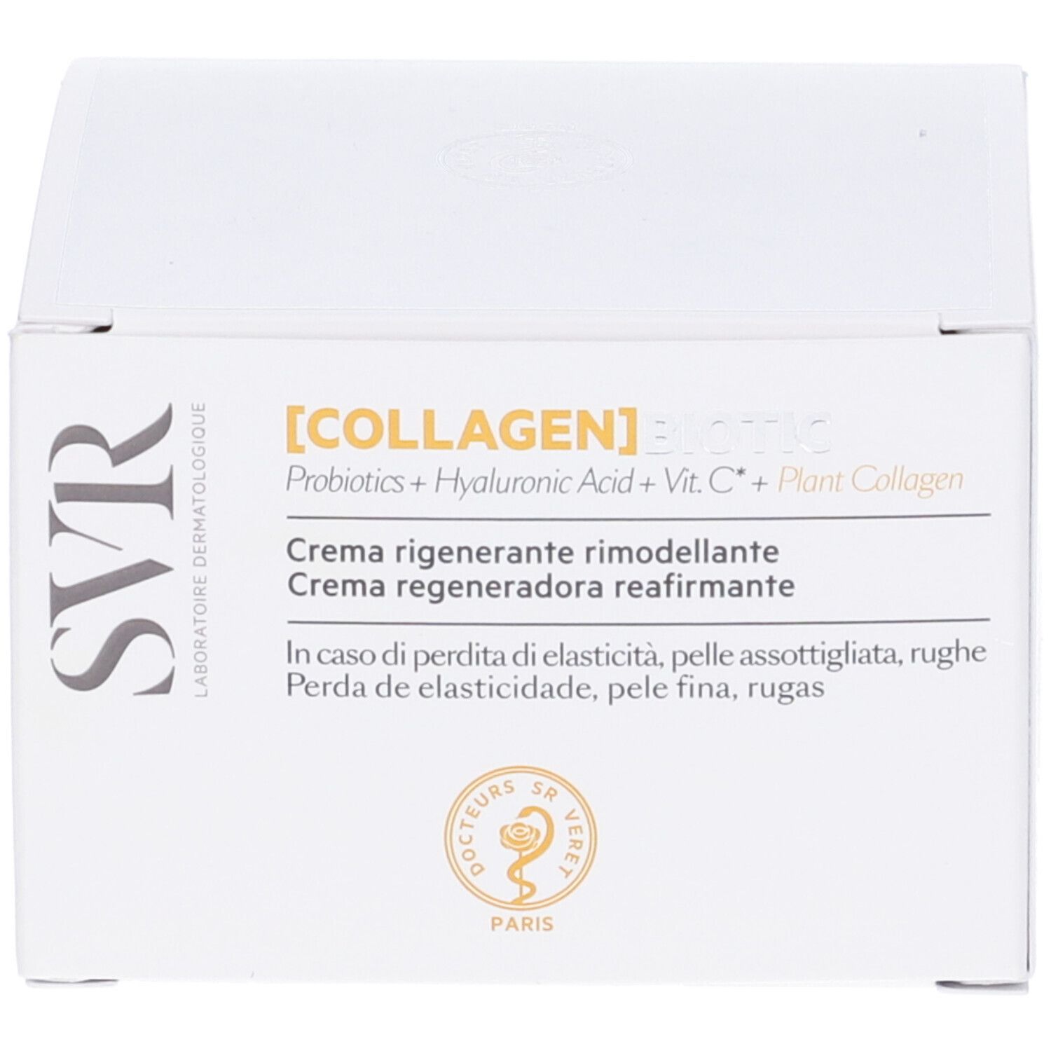 Confezione in cartone bianco. Scritta: [COLLAGEN] BIOTIC, Crème régénérante rimodellante.