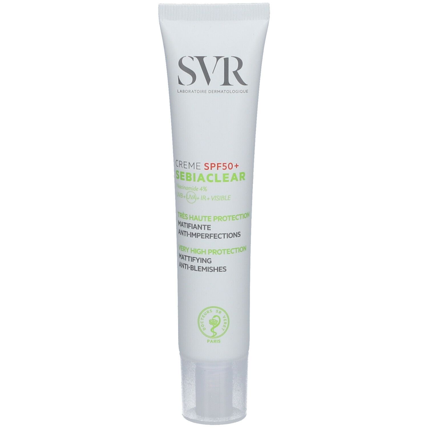 Tubo bianco con logo SVR e nome del prodotto. Crema SPF50+ Sebiaclear. Stampa verde.