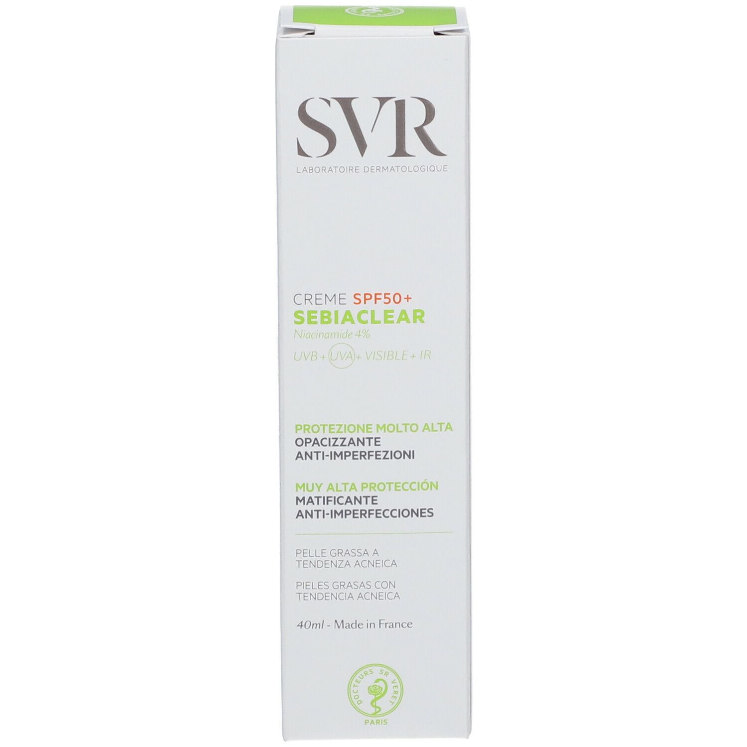 Confezione del prodotto. Logo SVR e nome del prodotto. Crema SPF50+ Sebiaclear. Stampa verde.