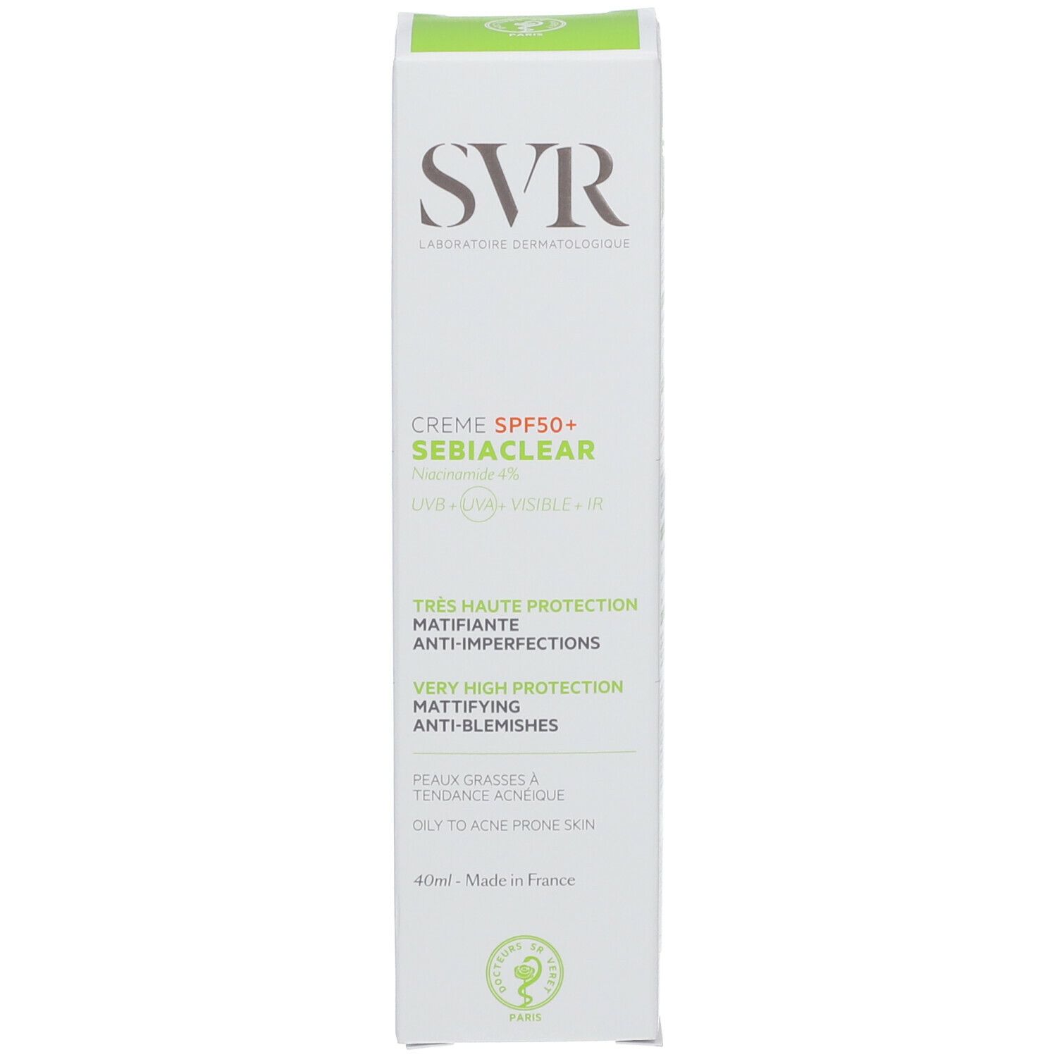 Confezione del prodotto. Logo SVR e nome del prodotto. Crema SPF50+ Sebiaclear. Stampa verde.