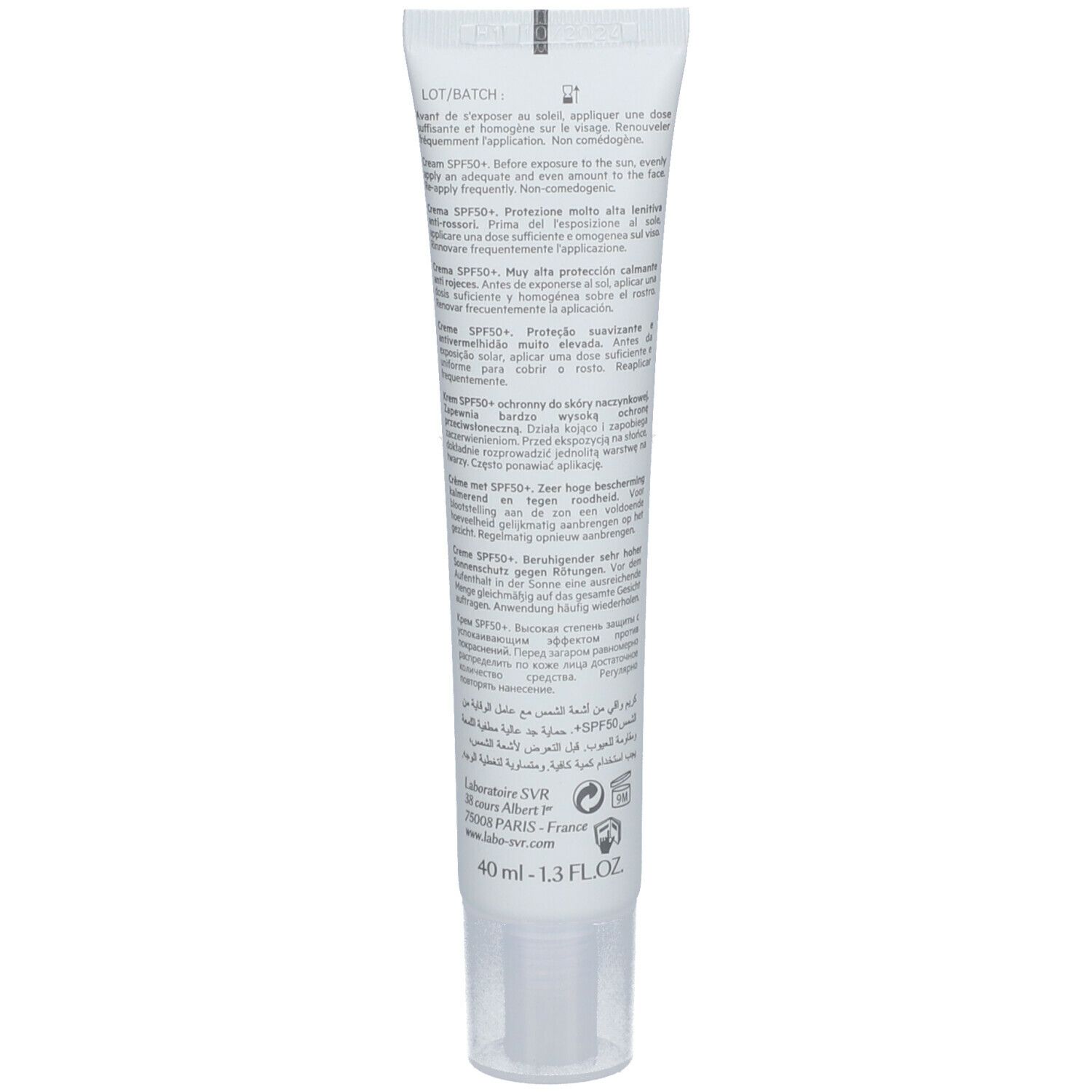 Retro del tubo SVR Sensifine AR SPF 50+. Testo multilingue. 40 ml. Testato dermatologicamente.