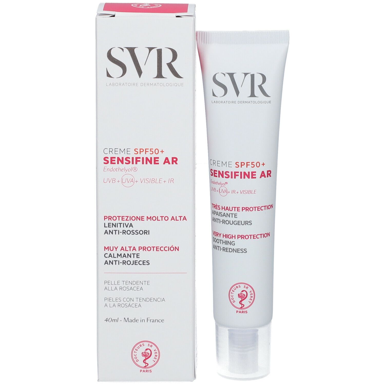 Crema SVR Sensifine AR SPF 50+ e confezione. Tubo e scatola bianchi. Scritta rosa. 40 ml. Testato dermatologicamente.