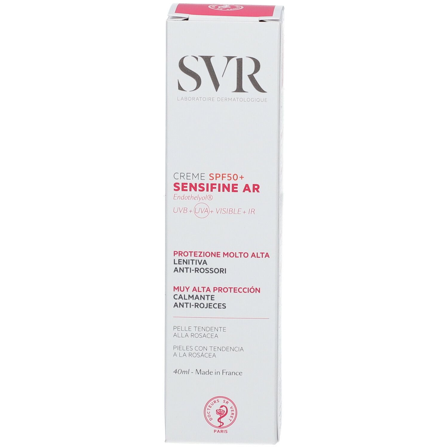 Confezione SVR Sensifine AR SPF 50+. Scatola bianca con scritta rosa. 40 ml. Testato dermatologicamente.