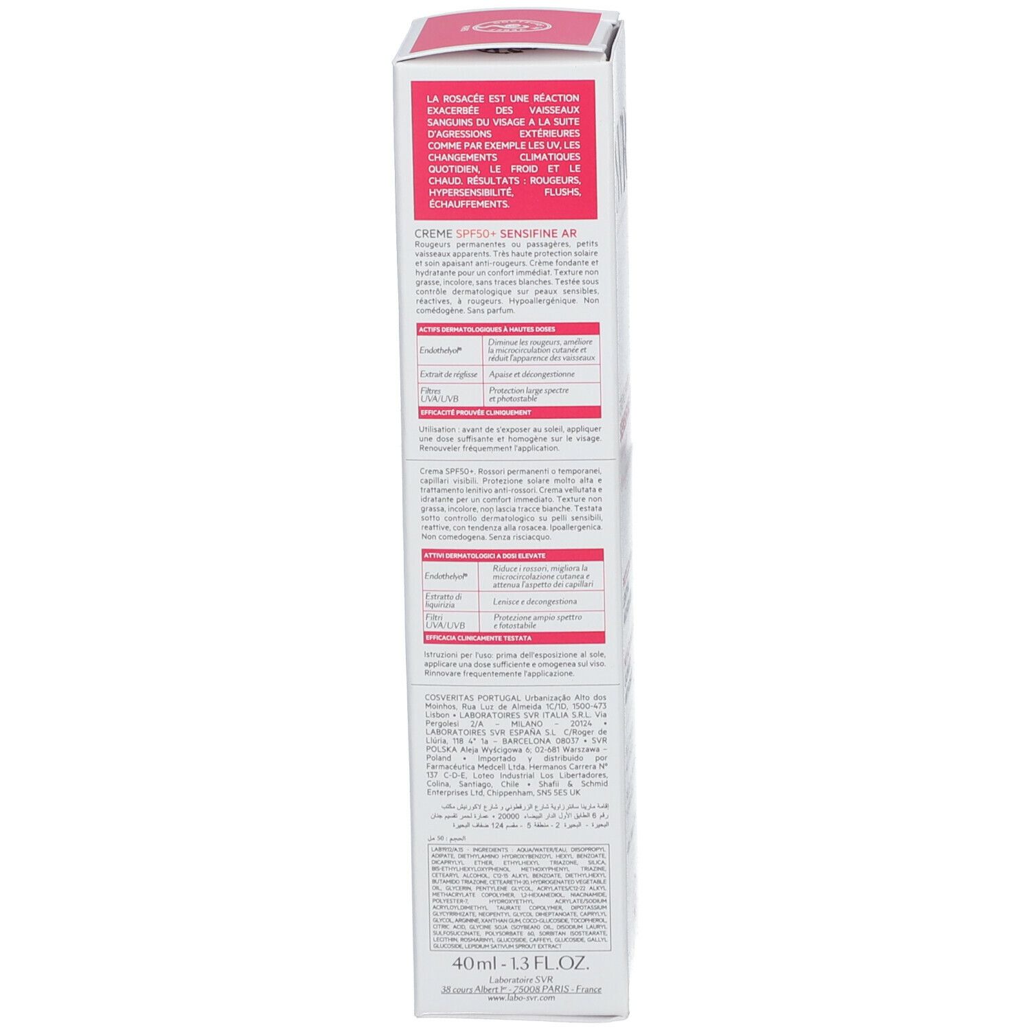 Retro della confezione SVR Sensifine AR SPF 50+. Testo multilingue. 40 ml. Testato dermatologicamente.