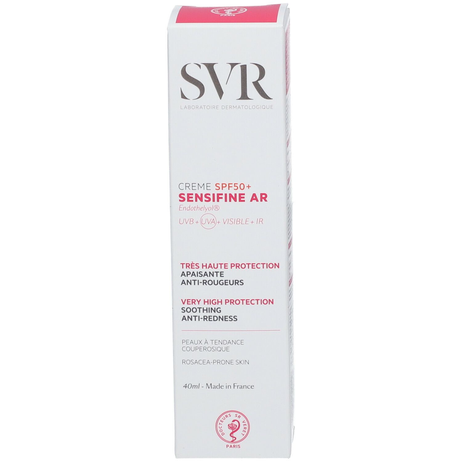 Confezione SVR Sensifine AR SPF 50+. Scatola bianca con scritta rosa. 40 ml. Testato dermatologicamente.