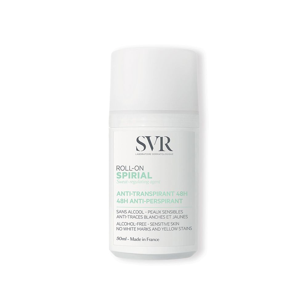 Roll-on bianco con tappo bianco. Scritte: SVR, SPIRIAL, Anti-traspirante 48H. Prodotto in Francia.