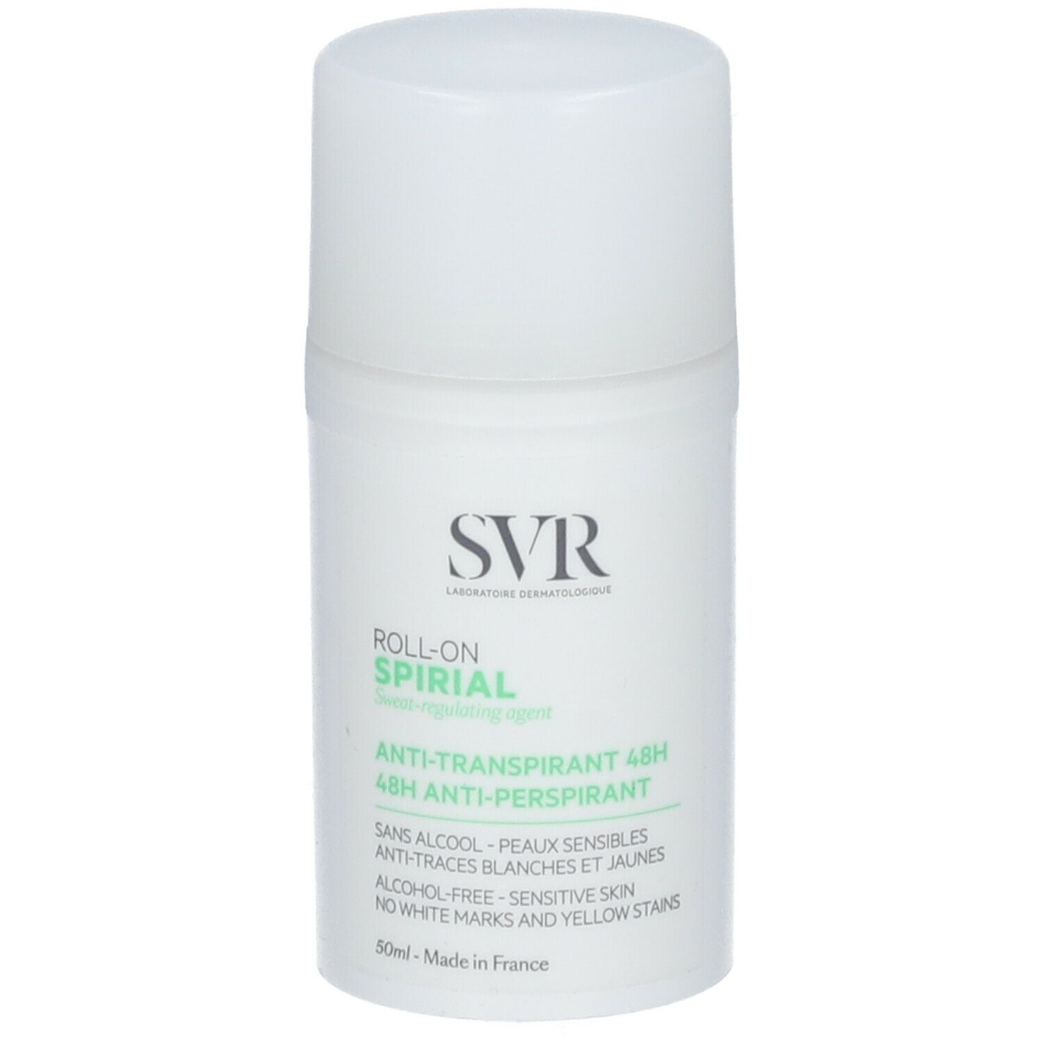 Roll-on bianco con tappo bianco. Scritte: SVR, SPIRIAL, Anti-traspirante 48H. Prodotto in Francia.