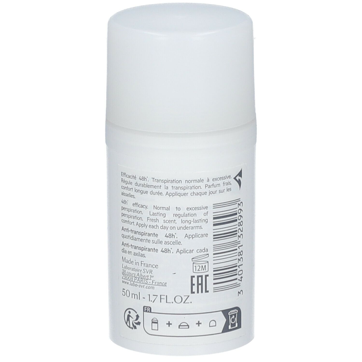 Roll-on bianco con tappo bianco. Scritte: SVR, SPIRIAL, Anti-traspirante 48H. Prodotto in Francia.