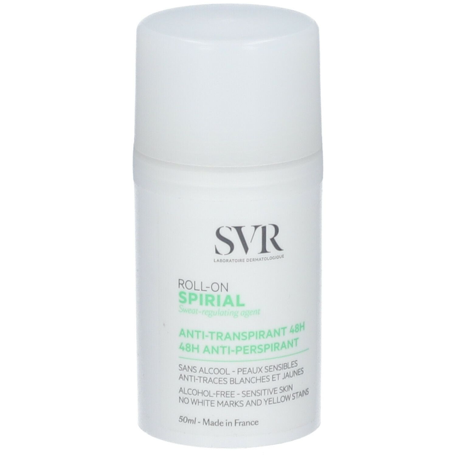 Roll-on bianco con tappo bianco. Scritte: SVR, SPIRIAL, Anti-traspirante 48H. Prodotto in Francia.
