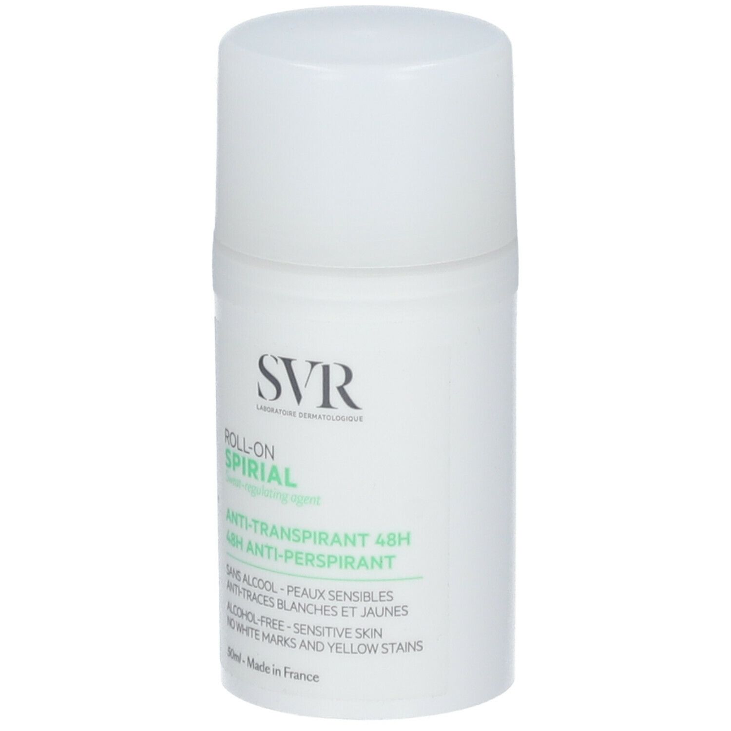 Roll-on bianco con tappo bianco. Scritte: SVR, SPIRIAL, Anti-traspirante 48H. Prodotto in Francia.
