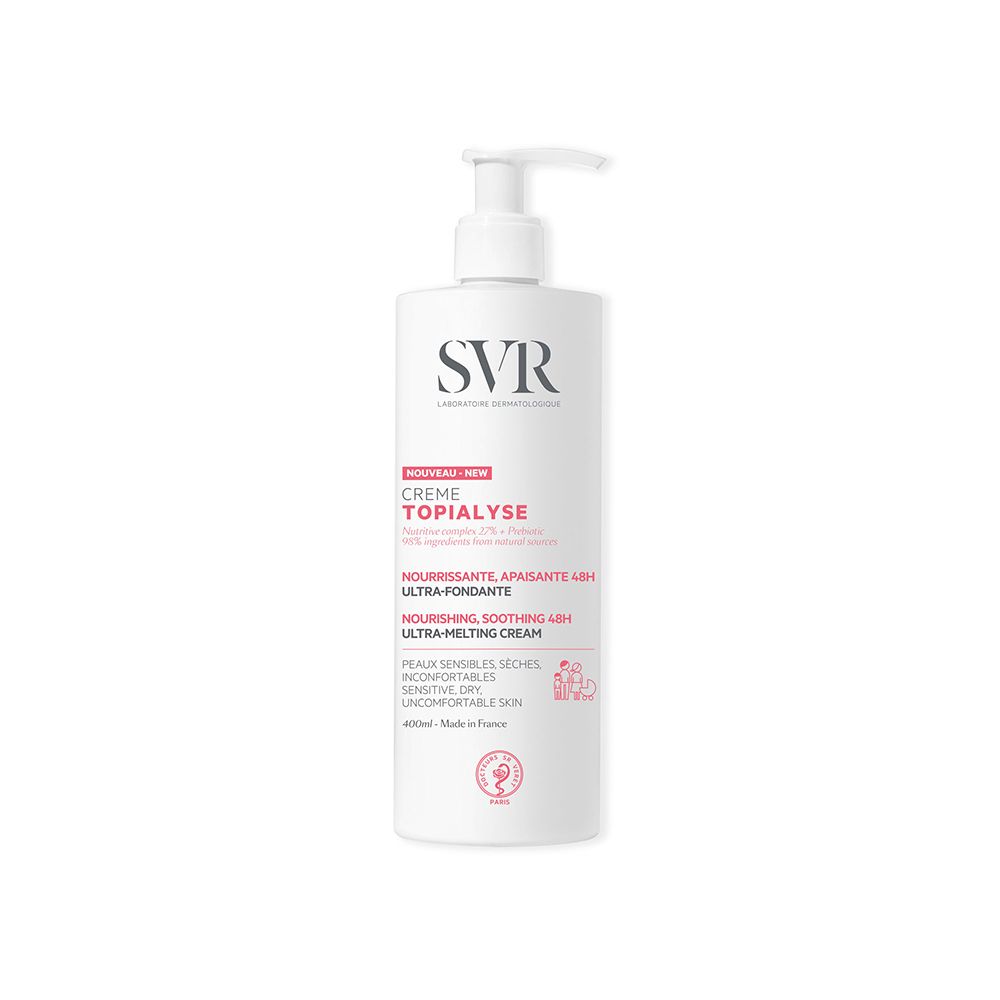 Flacone bianco con dosatore. Scritta: SVR, Crème Topialyse, 48h, Ultra-Fondante, 400ml. Per pelli sensibili, secche.