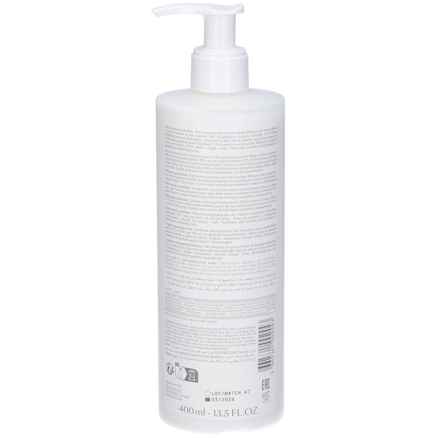 Retro di un flacone bianco con dosatore. Testo e codice a barre. Scritta: 400ml - 13.5 FL.OZ.