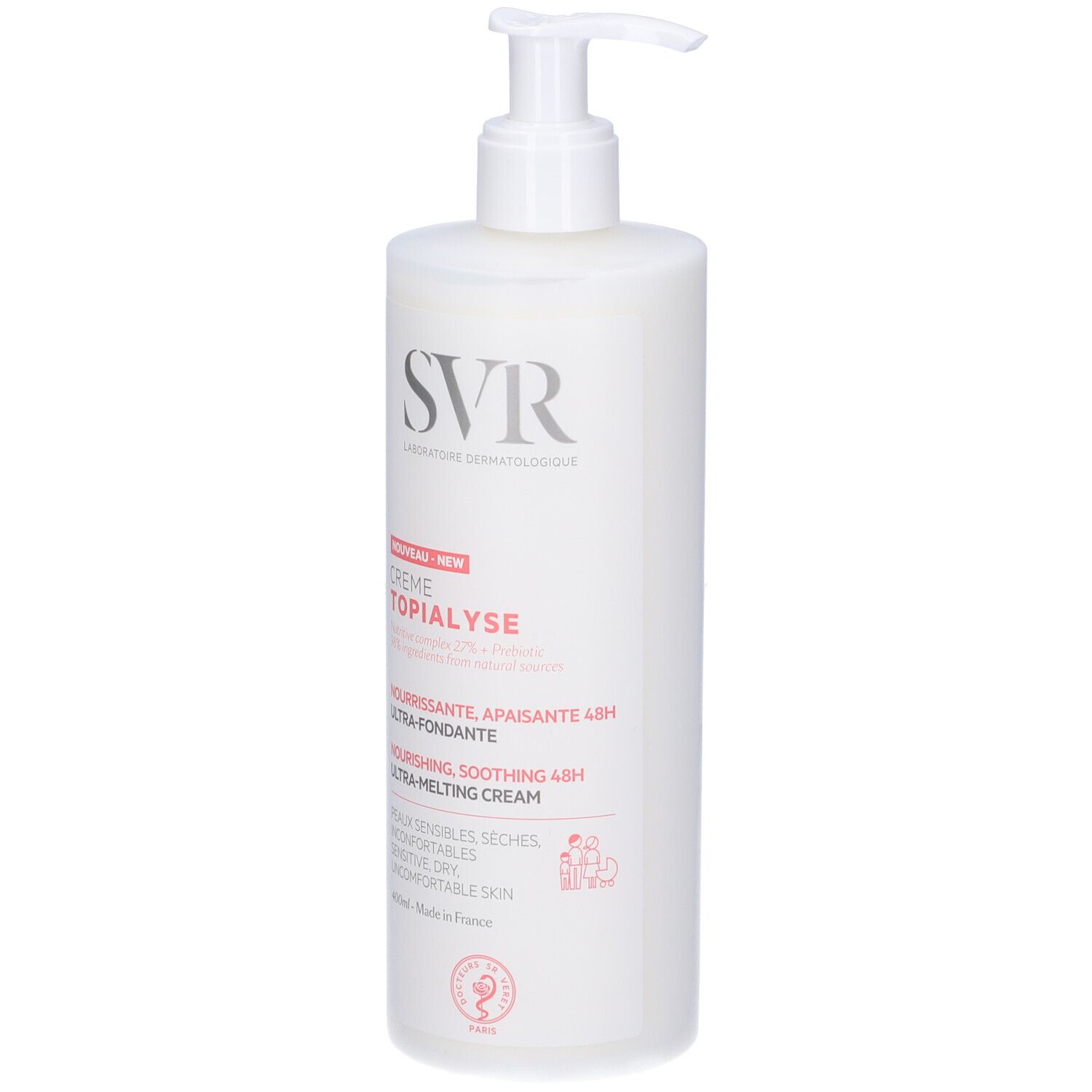 Flacone bianco con dosatore. Scritta: SVR, Crème Topialyse, 48h, Ultra-Fondante, 400ml. Per pelli sensibili, secche.