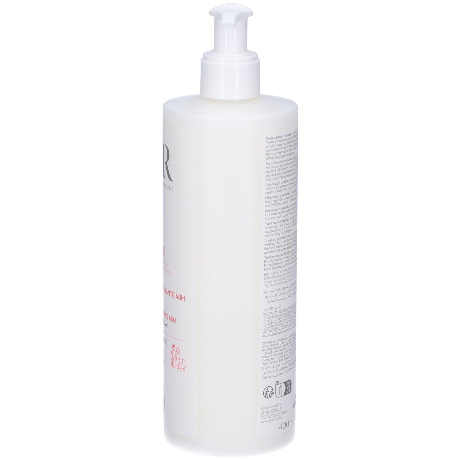 Retro di un flacone bianco con dosatore. Testo e codice a barre. Scritta: 400ml - 13.5 FL.OZ.