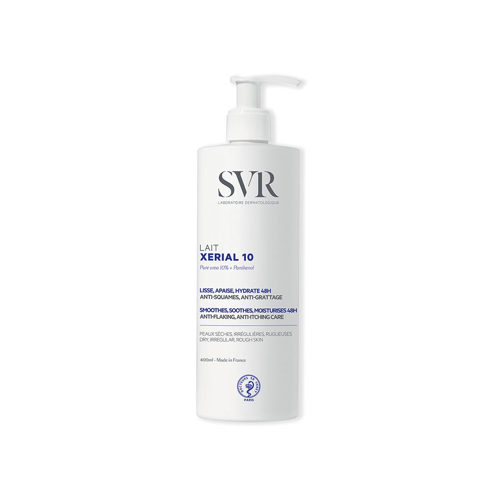 Flacone bianco con dosatore. Scritta: SVR, XERIAL 10. Testo in francese. Sigillo.