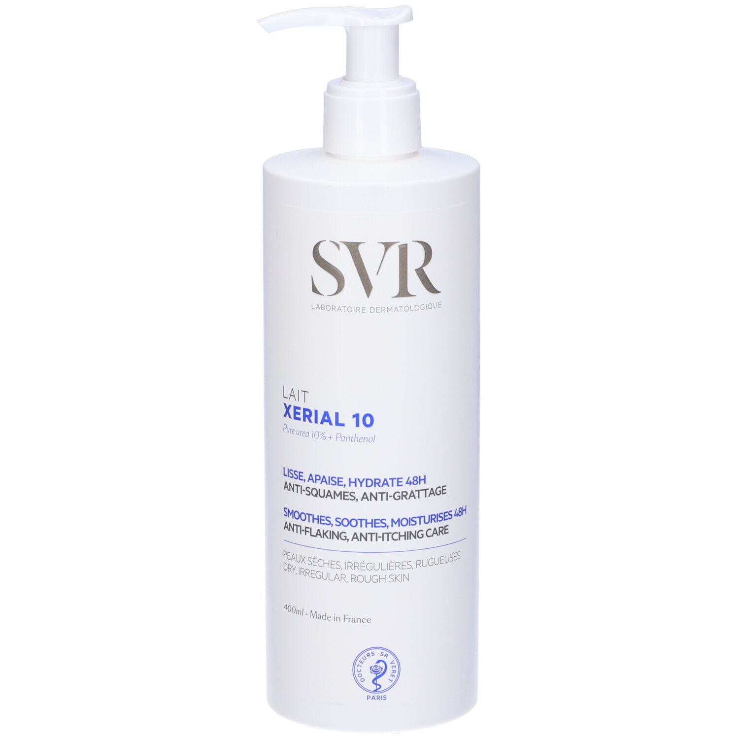 Flacone bianco con dosatore. Scritta: SVR, XERIAL 10. Testo in francese. 400ml.