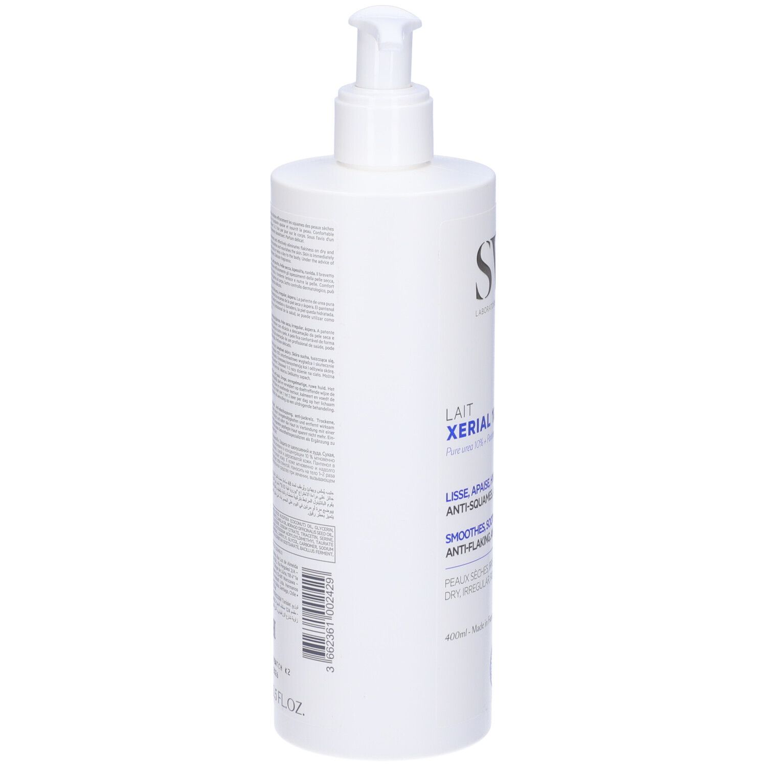 Flacone bianco con dosatore. Scritta: SVR, XERIAL 10. Testo in francese. Retro con testo.