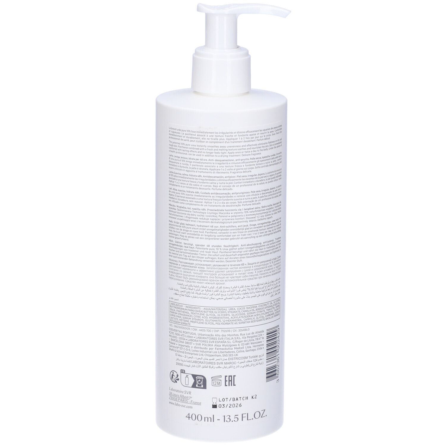 Flacone bianco con dosatore. Scritta: SVR, XERIAL 10. Testo in francese. Retro con testo.