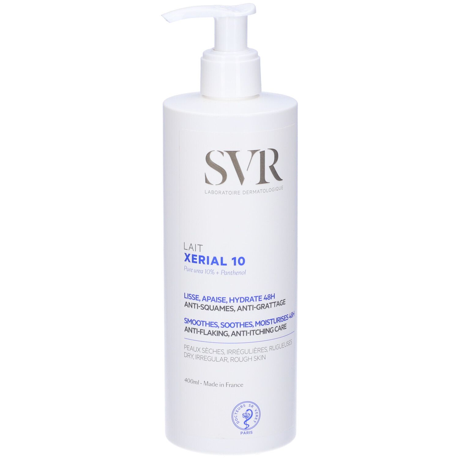 Flacone bianco con dosatore. Scritta: SVR, XERIAL 10. Testo in francese. 400ml.