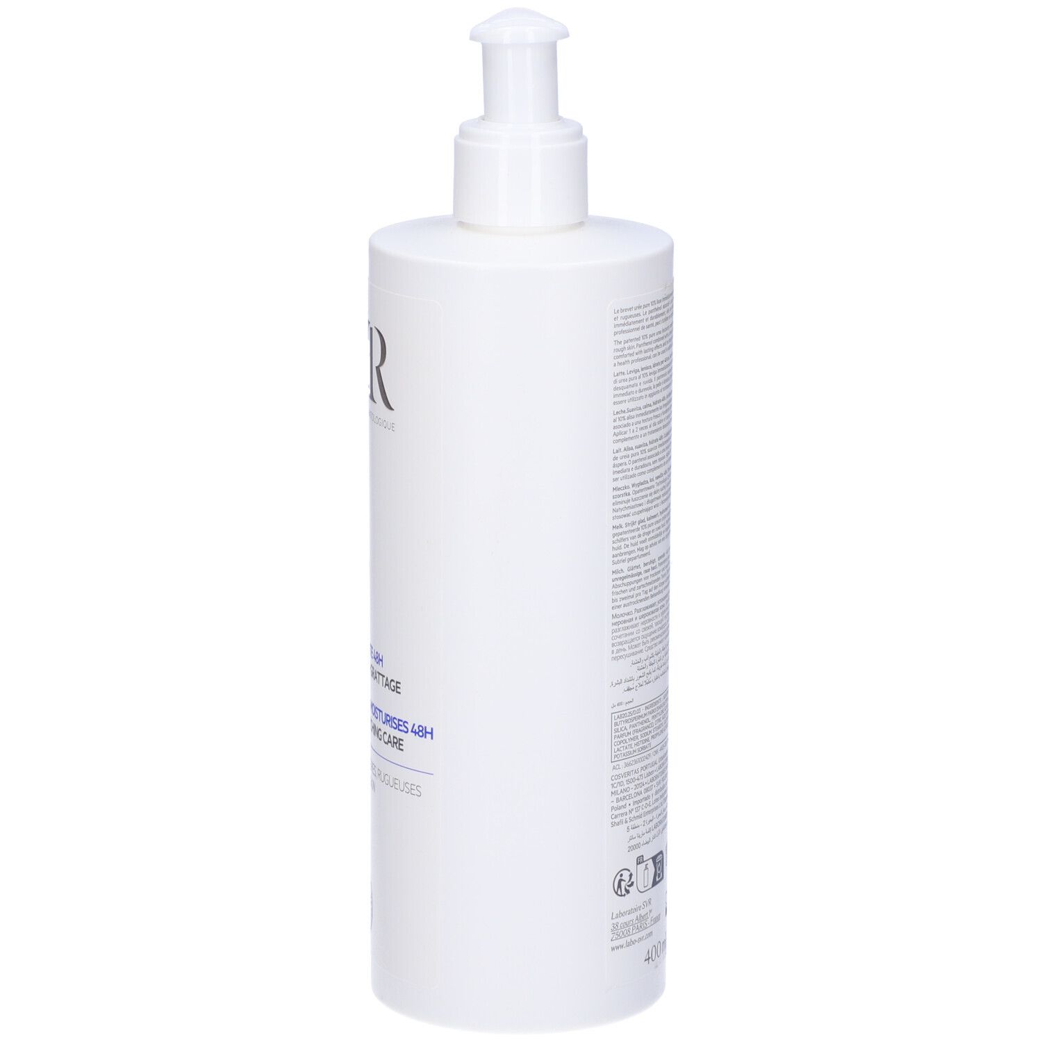 Flacone bianco con dosatore. Scritta: SVR, XERIAL 10. Testo in francese. 400ml.