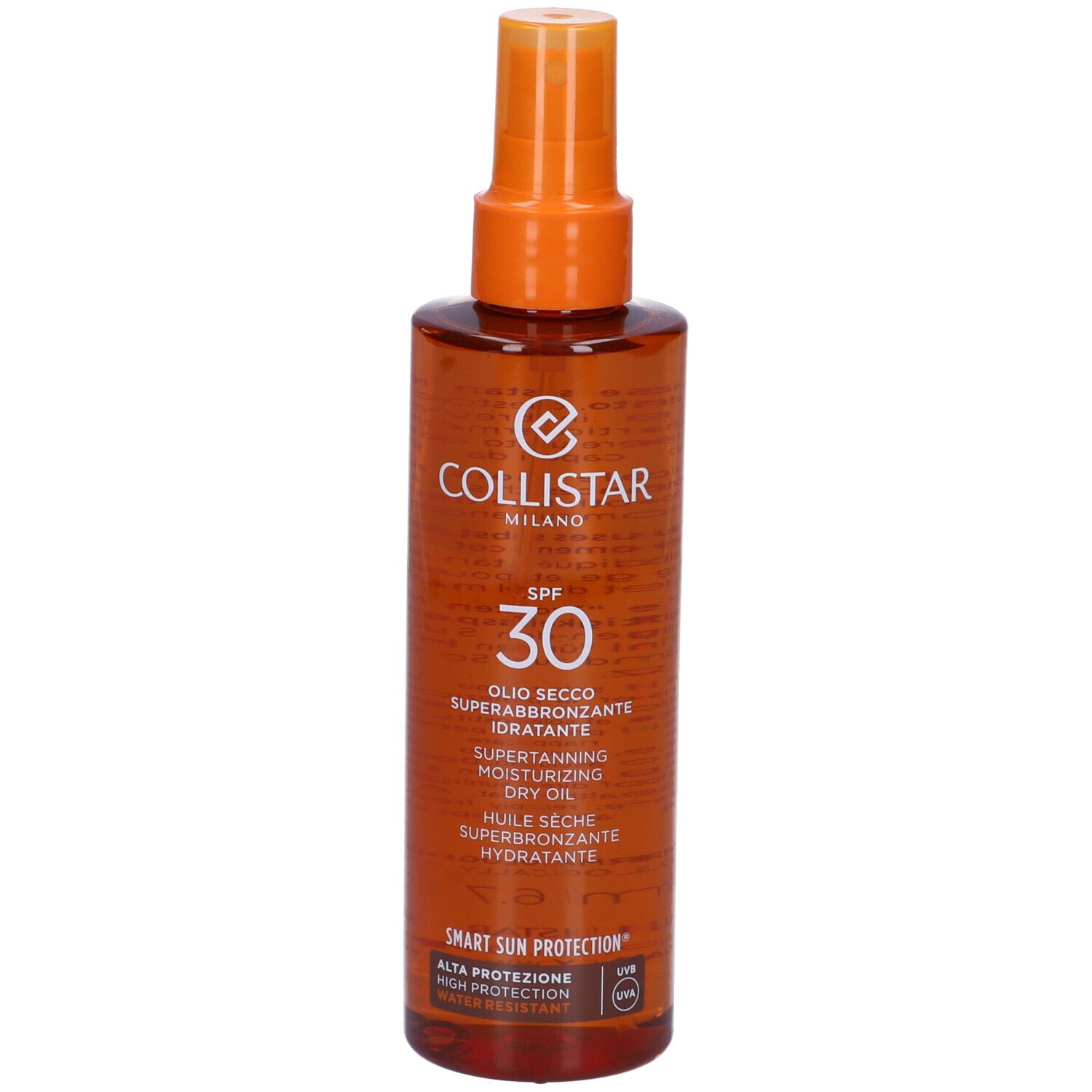Flacone spray marrone con erogatore arancione. Testo: Collistar, SPF 30, Olio Secco Superabbronzante Idratante.