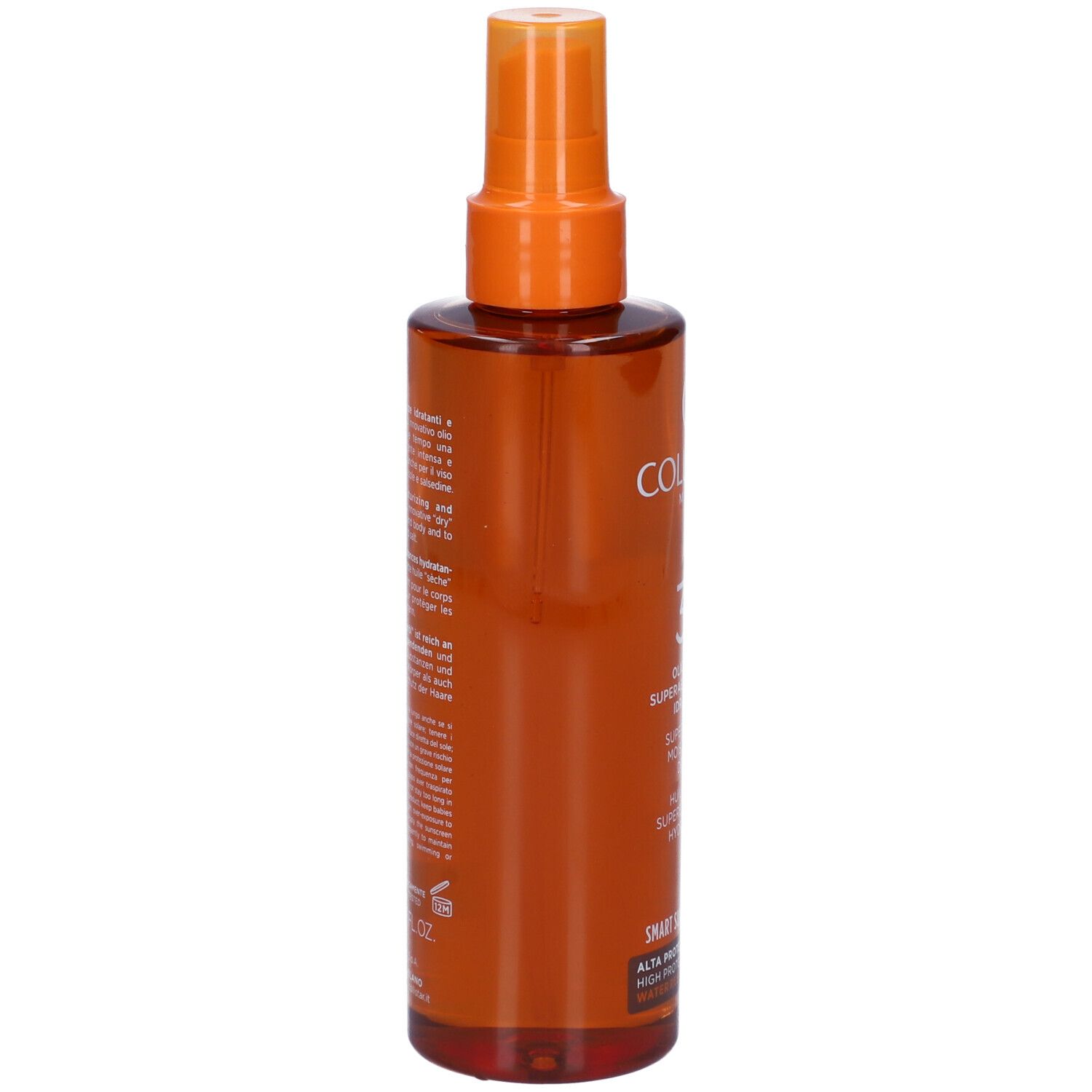 Flacone spray marrone, vista laterale. Testo: Collistar, SPF 30, Olio Secco Superabbronzante Idratante. Resistente all'acqua.