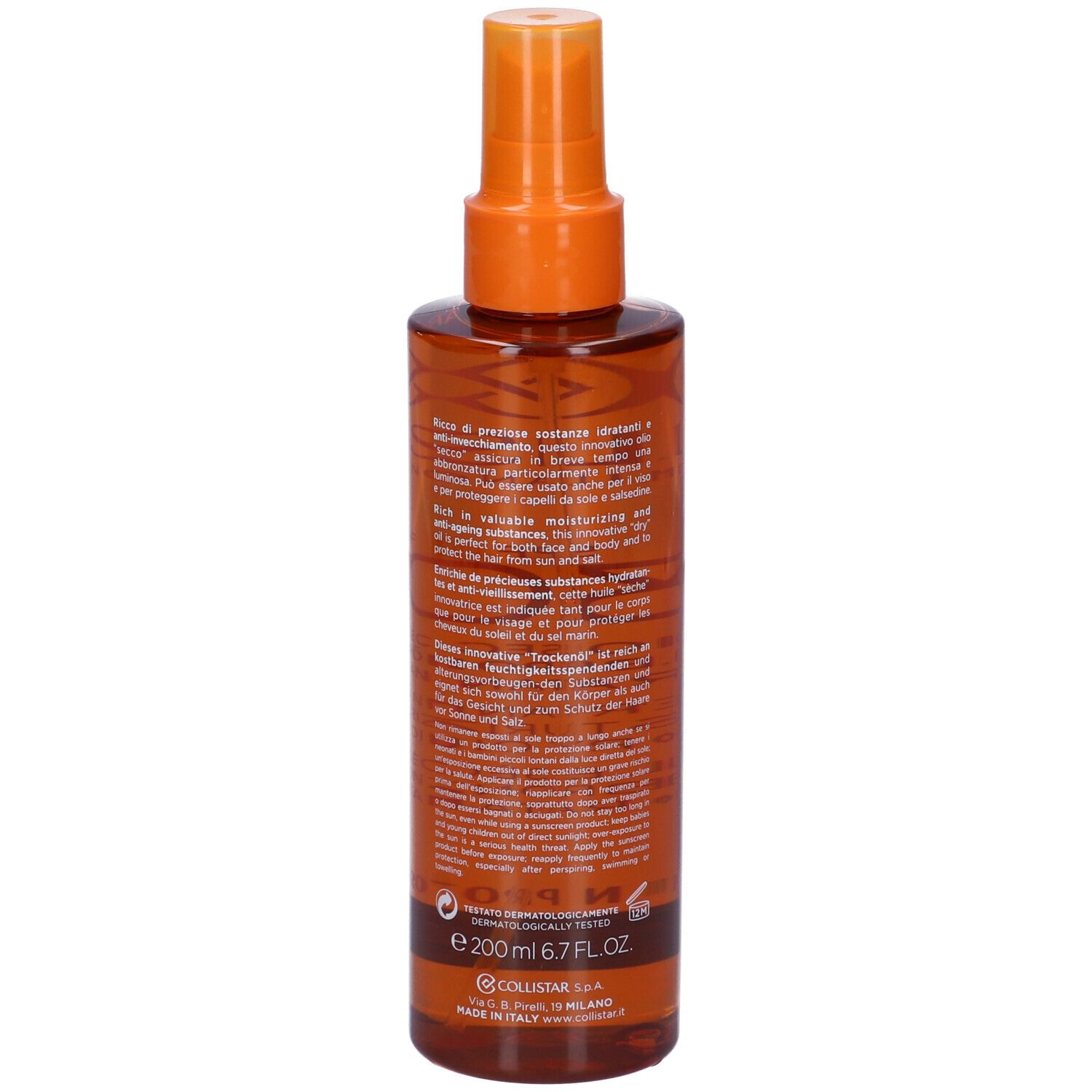 Flacone spray marrone, vista posteriore. Testo: Collistar, SPF 30, Olio Secco Superabbronzante Idratante. 200 ml.