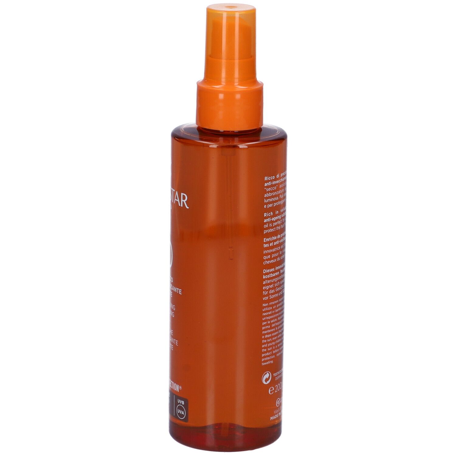 Flacone spray marrone, vista laterale. Testo: Collistar, SPF 30, Olio Secco Superabbronzante Idratante. Resistente all'acqua.