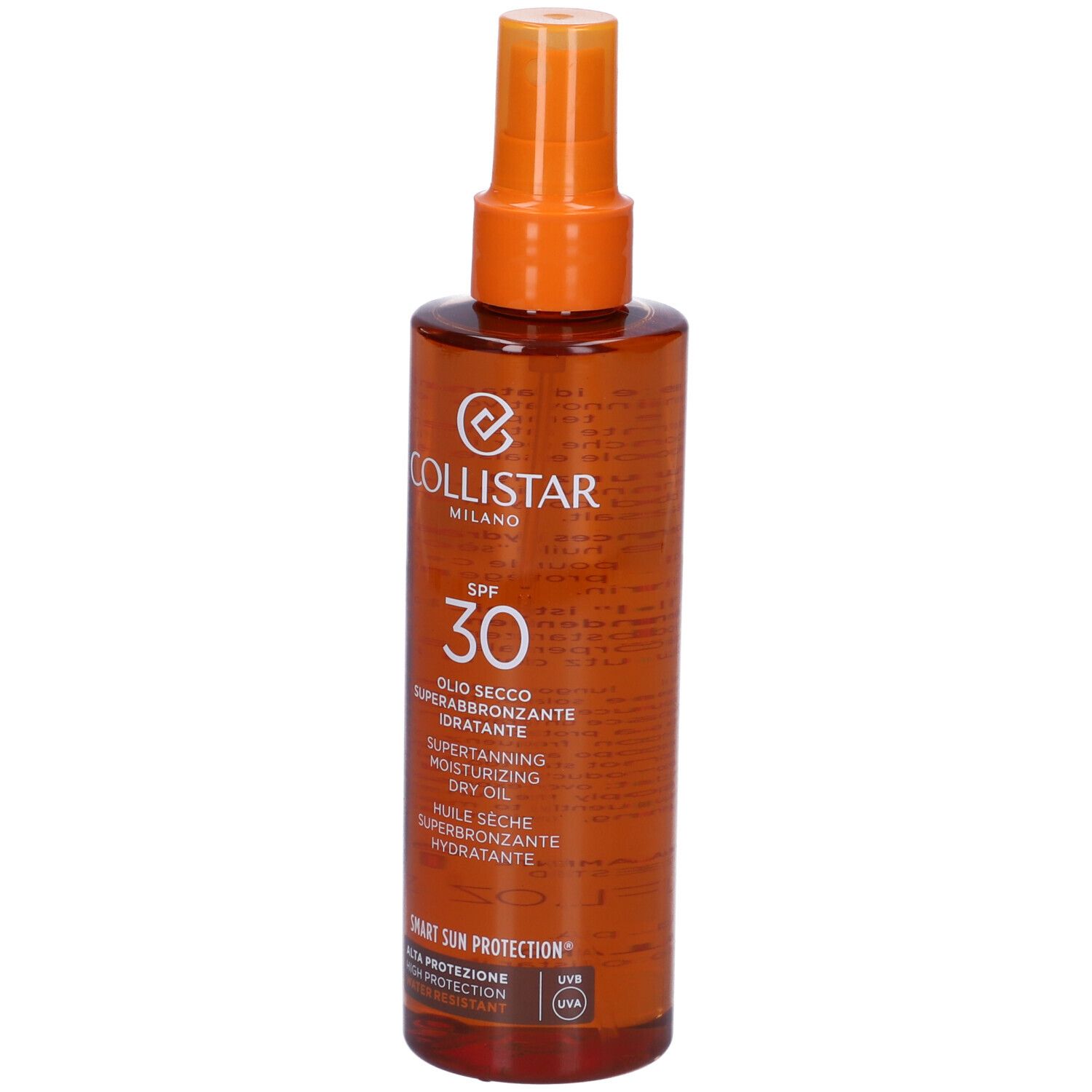 Flacone spray marrone con erogatore arancione. Testo: Collistar, SPF 30, Olio Secco Superabbronzante Idratante.