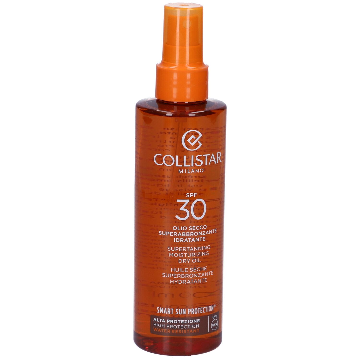 Flacone spray marrone con erogatore arancione. Testo: Collistar, SPF 30, Olio Secco Superabbronzante Idratante.
