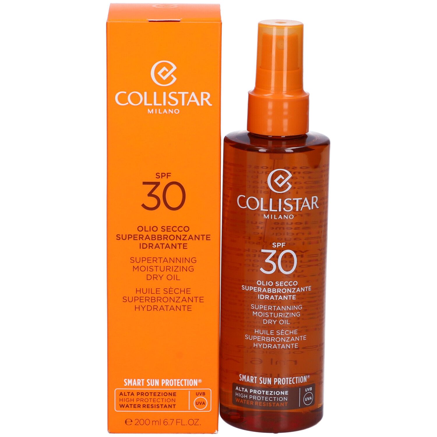 Prodotto con confezione. Flacone spray marrone e scatola arancione. Testo: Collistar, SPF 30, Olio Secco.
