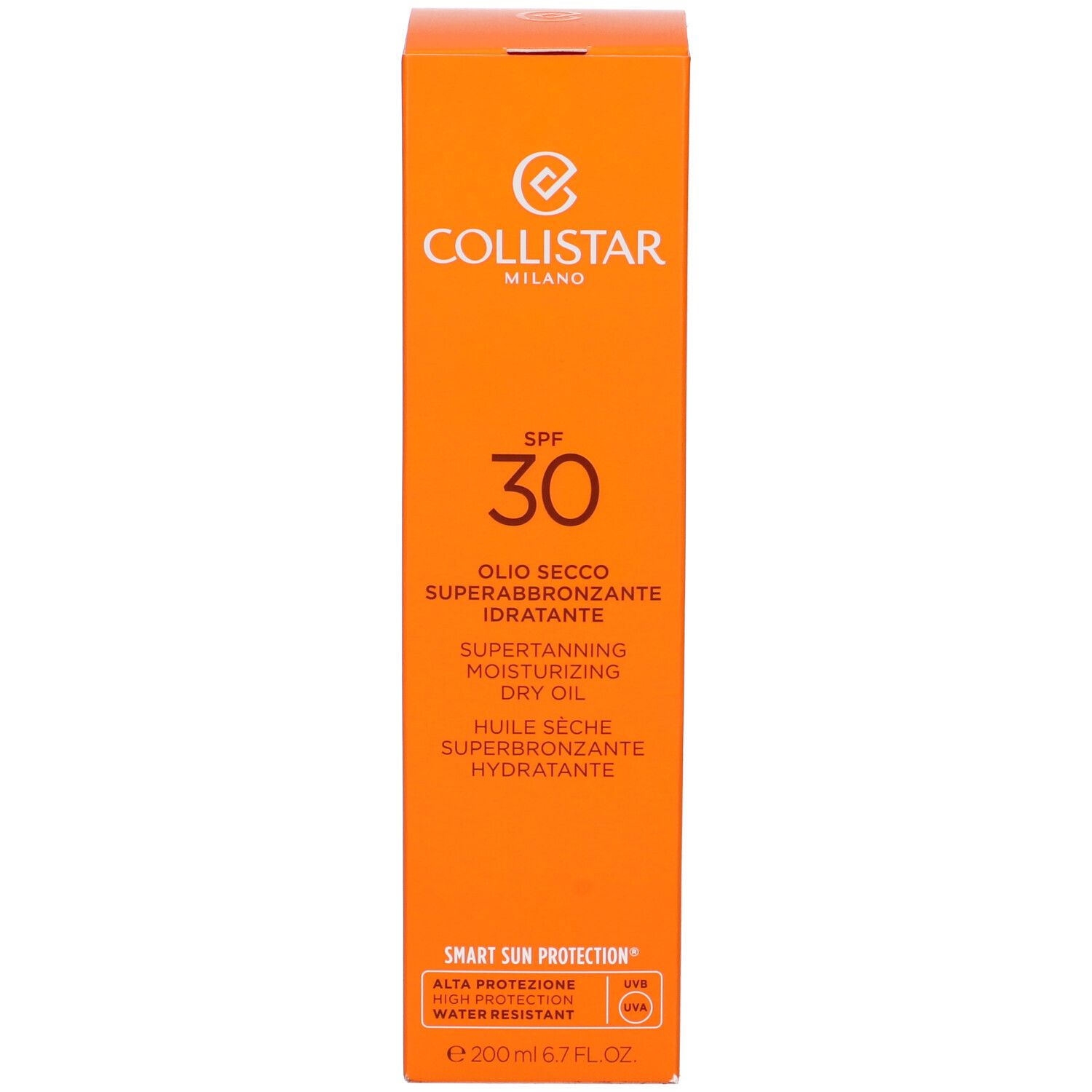 Scatola arancione. Testo: Collistar, SPF 30, Olio Secco Superabbronzante Idratante. 200 ml.