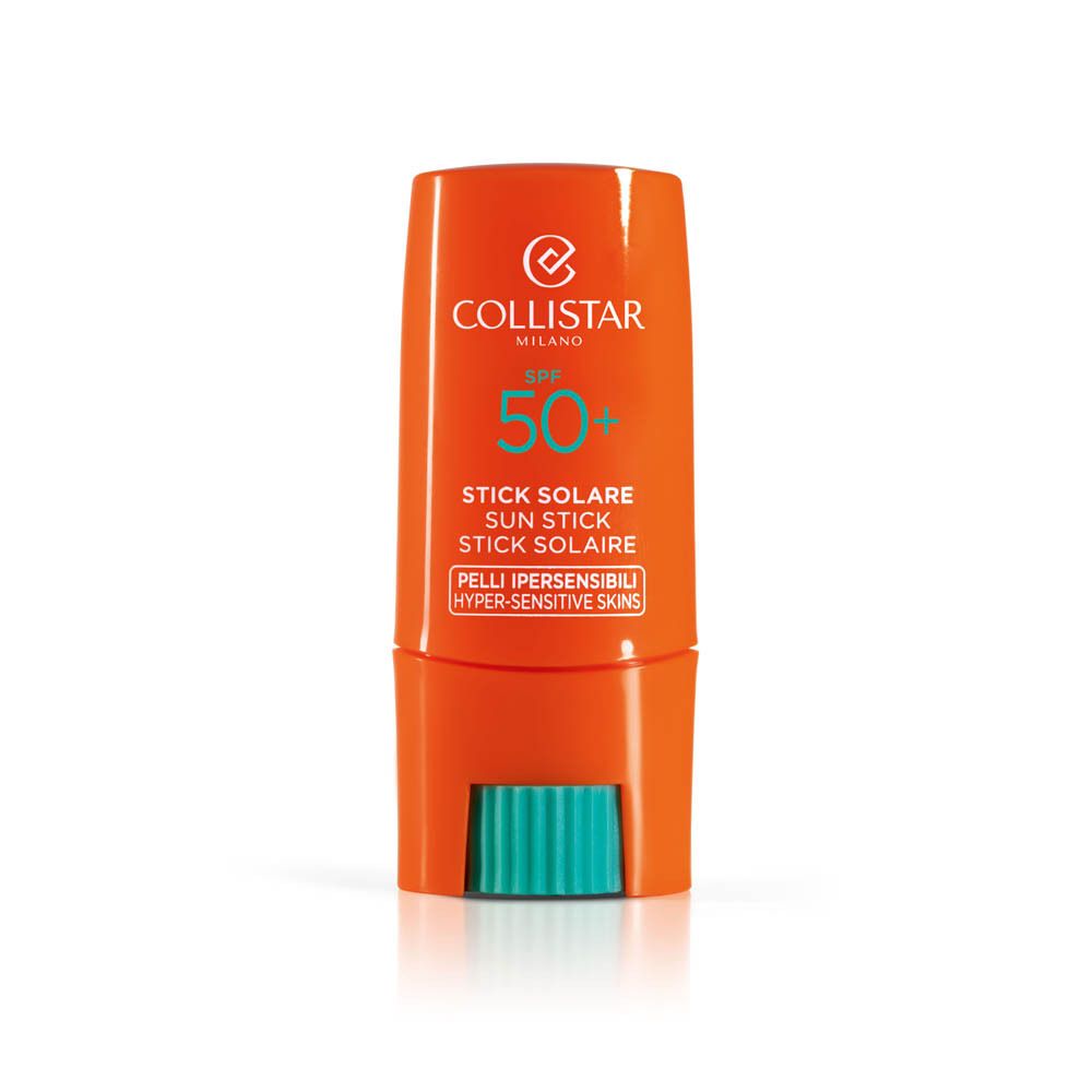 Orangefarbener Sonnenschutz-Stick mit blauem Applikator. Enthält SPF 50+. Marke: Collistar Milano.
