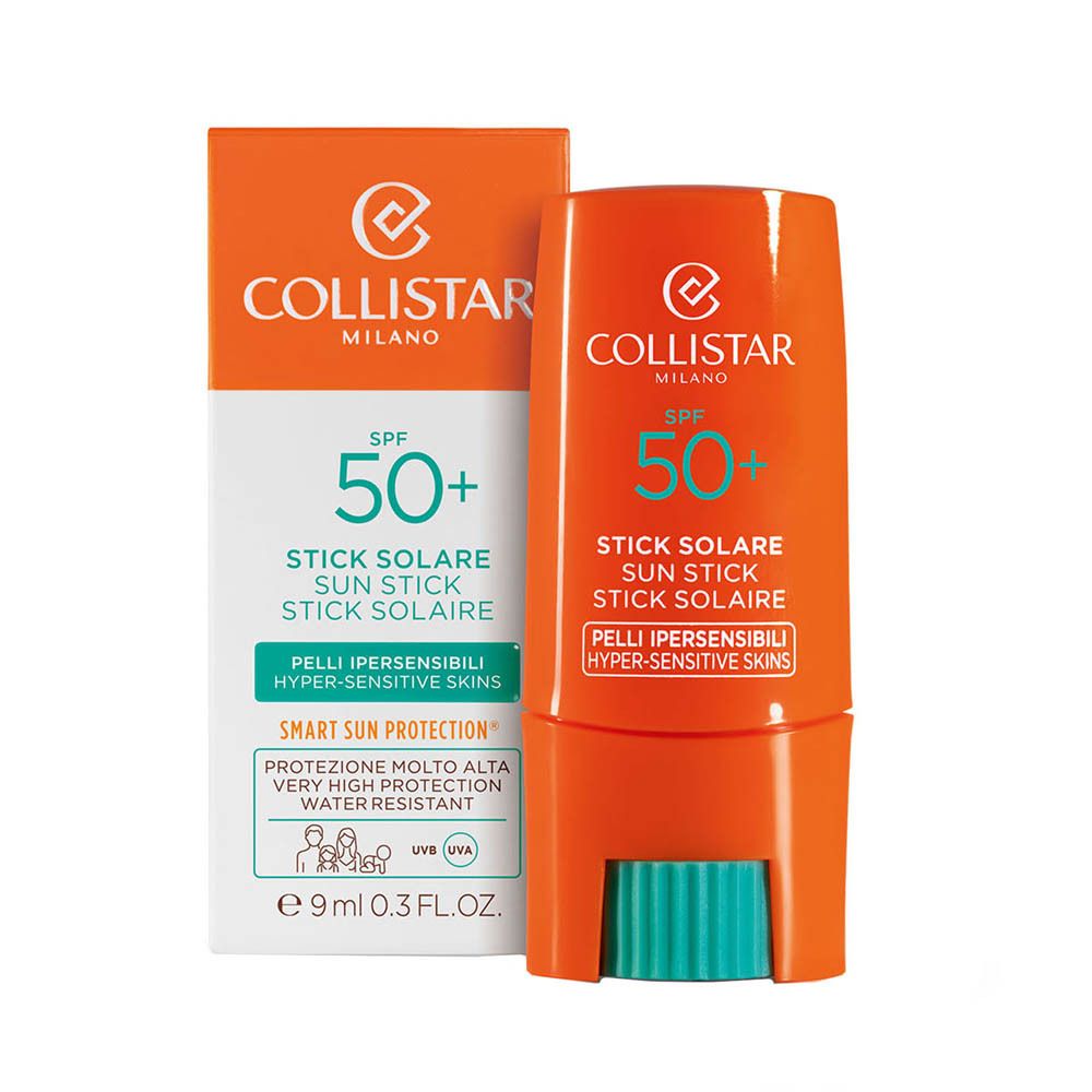 Sonnenschutz-Stick und Verpackung. SPF 50+. Marke: Collistar Milano. Für empfindliche Haut.