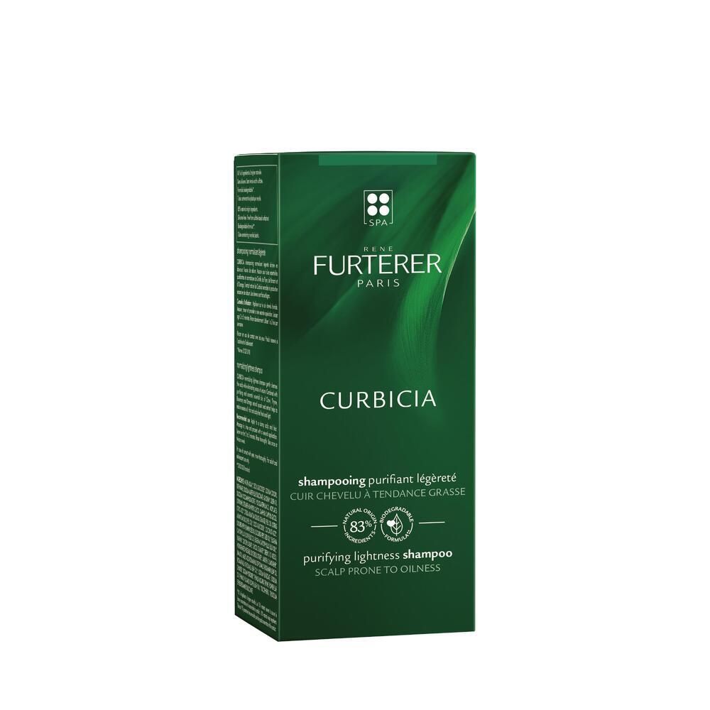 Confezione verde. Testo: René Furterer, Curbicia, Shampoo. Per capelli grassi.