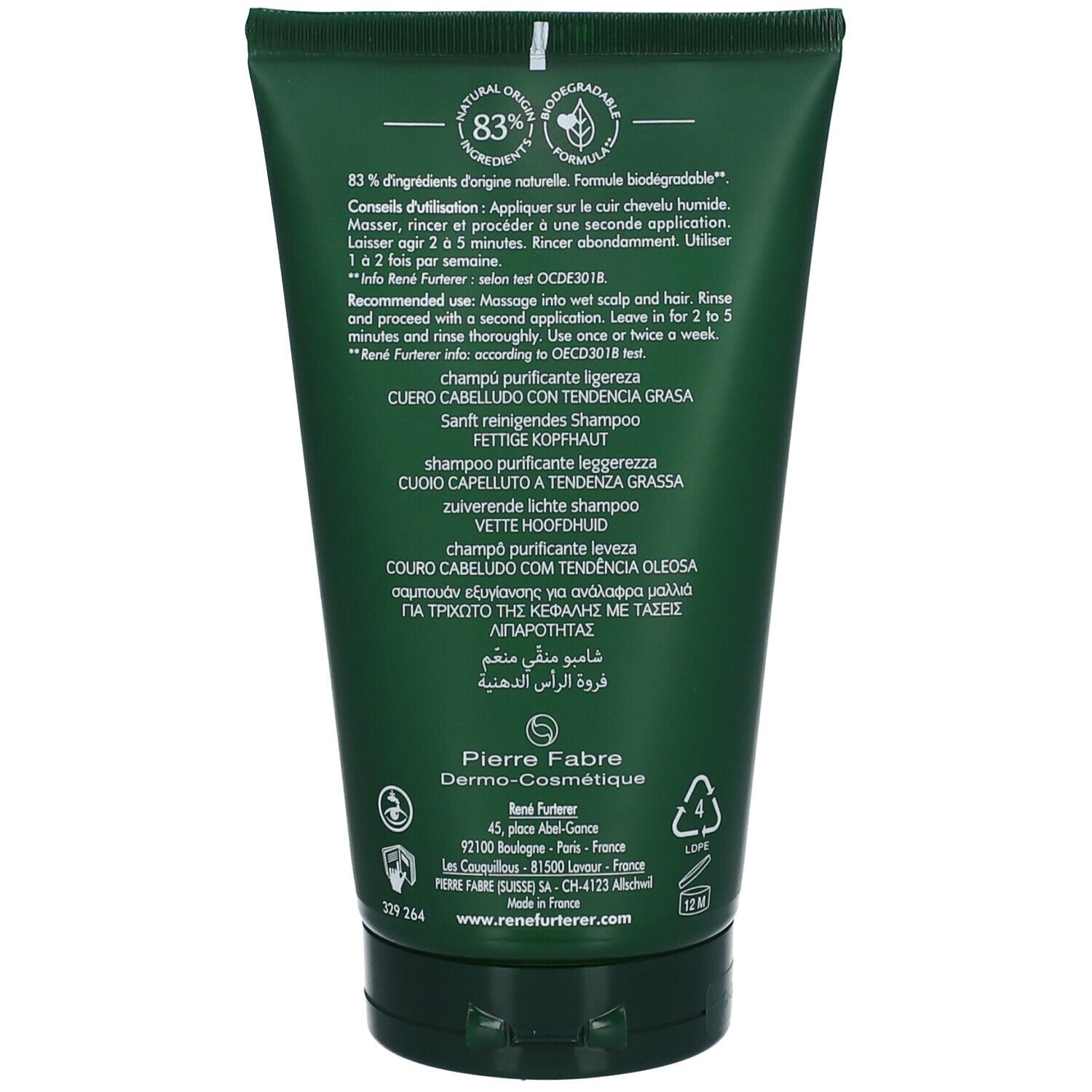 Retro del tubo. Testo: Ingredienti, istruzioni per l'uso. Per capelli grassi.