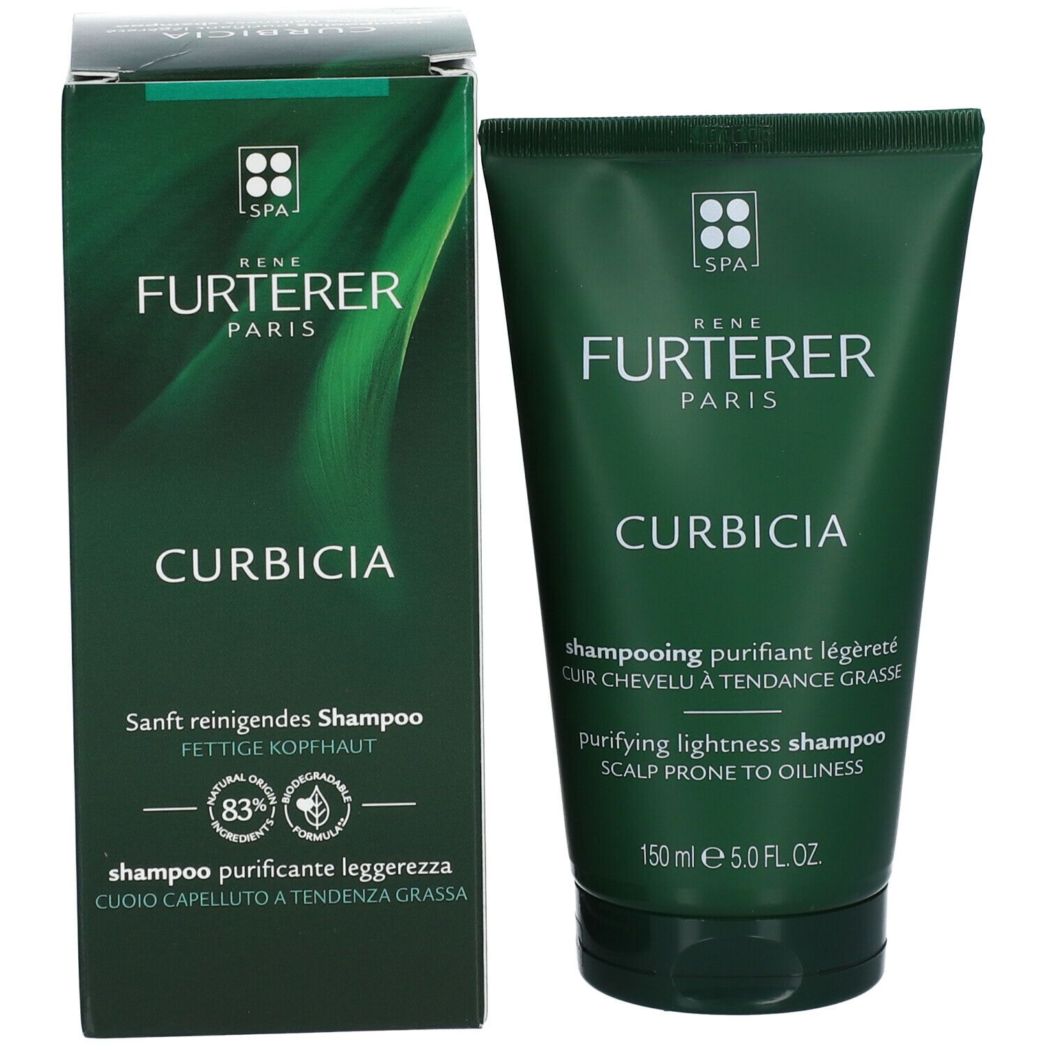 Prodotto e confezione. Testo: René Furterer, Curbicia, Shampoo. Per capelli grassi.