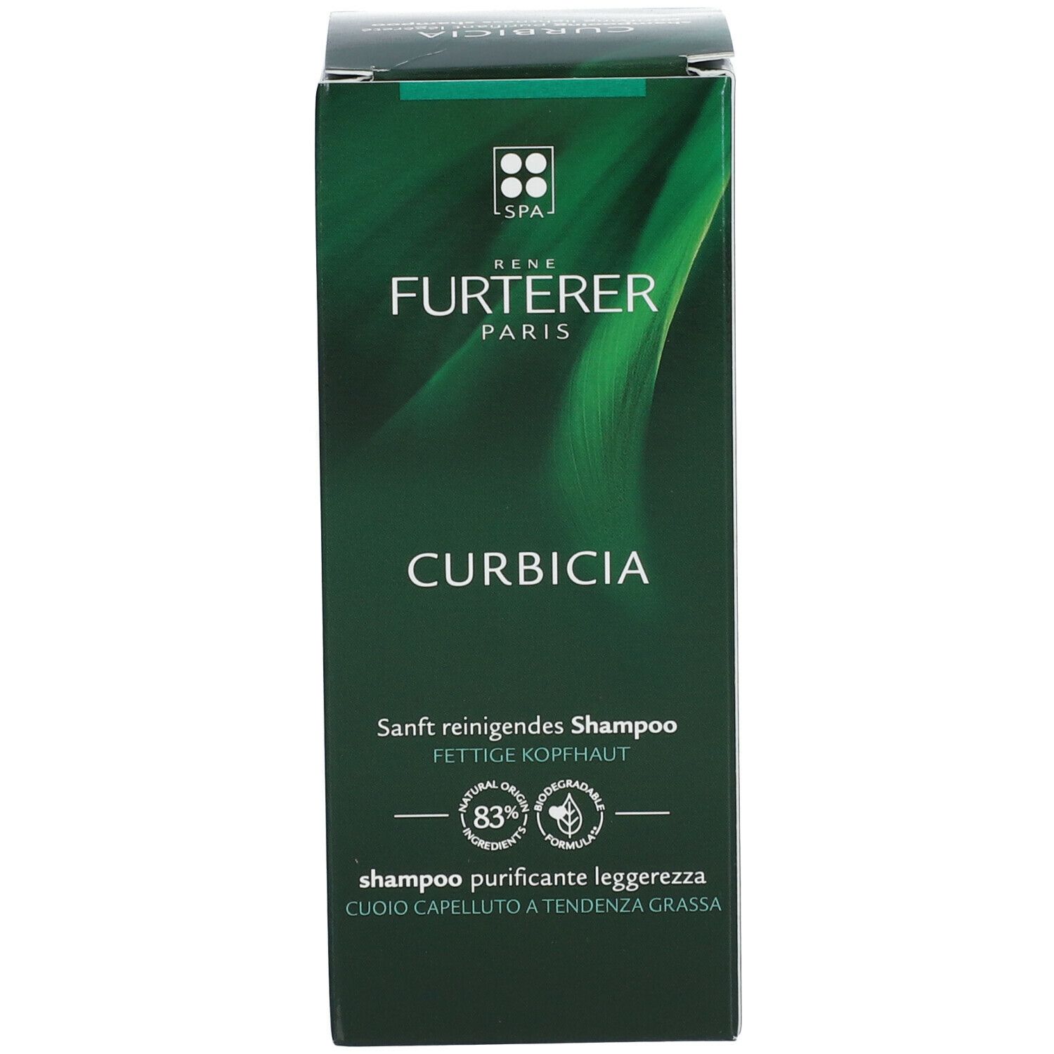 Confezione verde. Testo: René Furterer, Curbicia, Shampoo. Per capelli grassi.