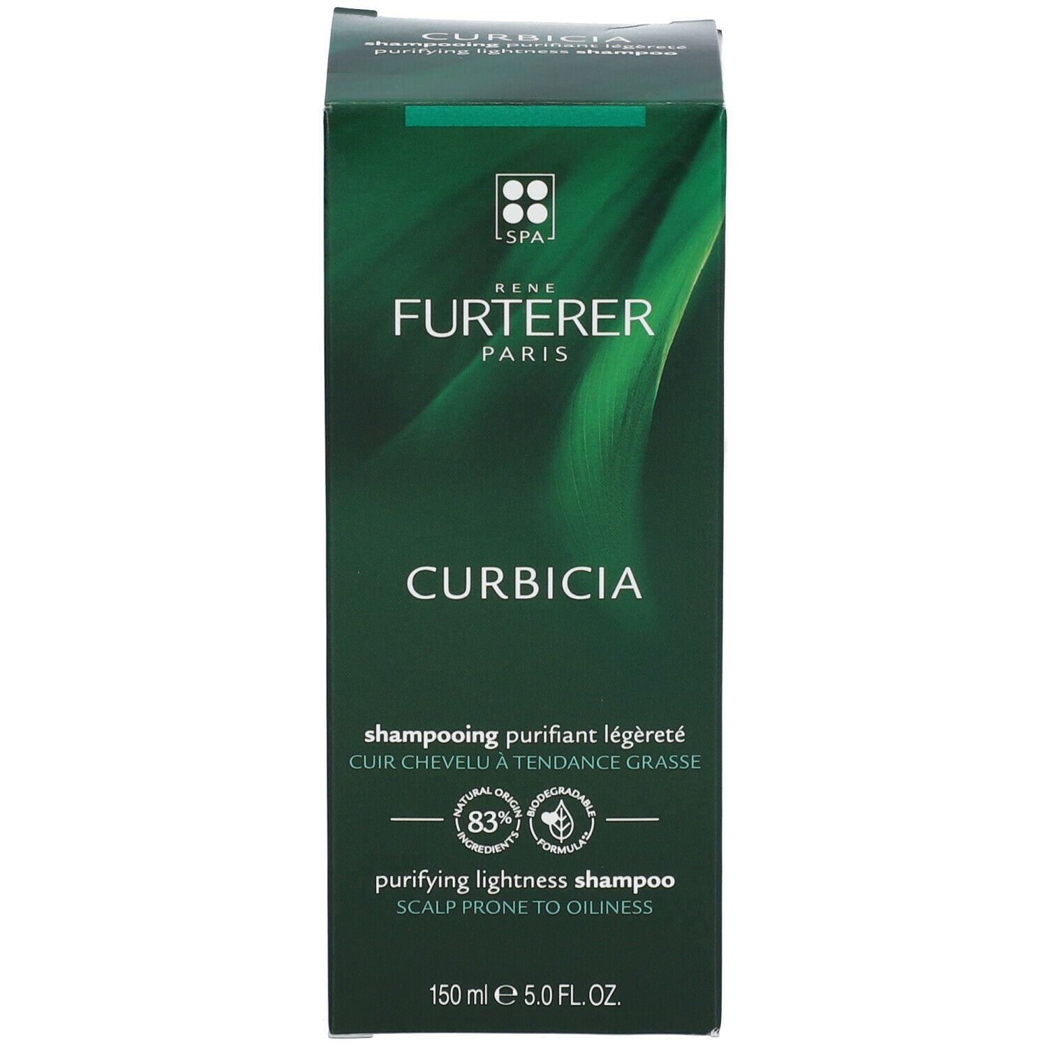 Confezione verde. Testo: René Furterer, Curbicia, Shampoo. Per capelli grassi. 150 ml.