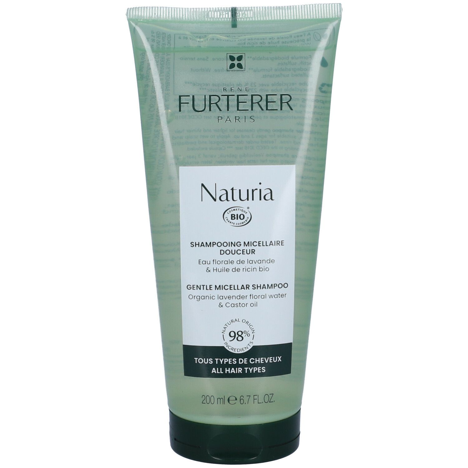 Tubo verde con etichetta bianca. Testo: René Furterer, Naturia, shampoo micellare delicato. 200 ml.